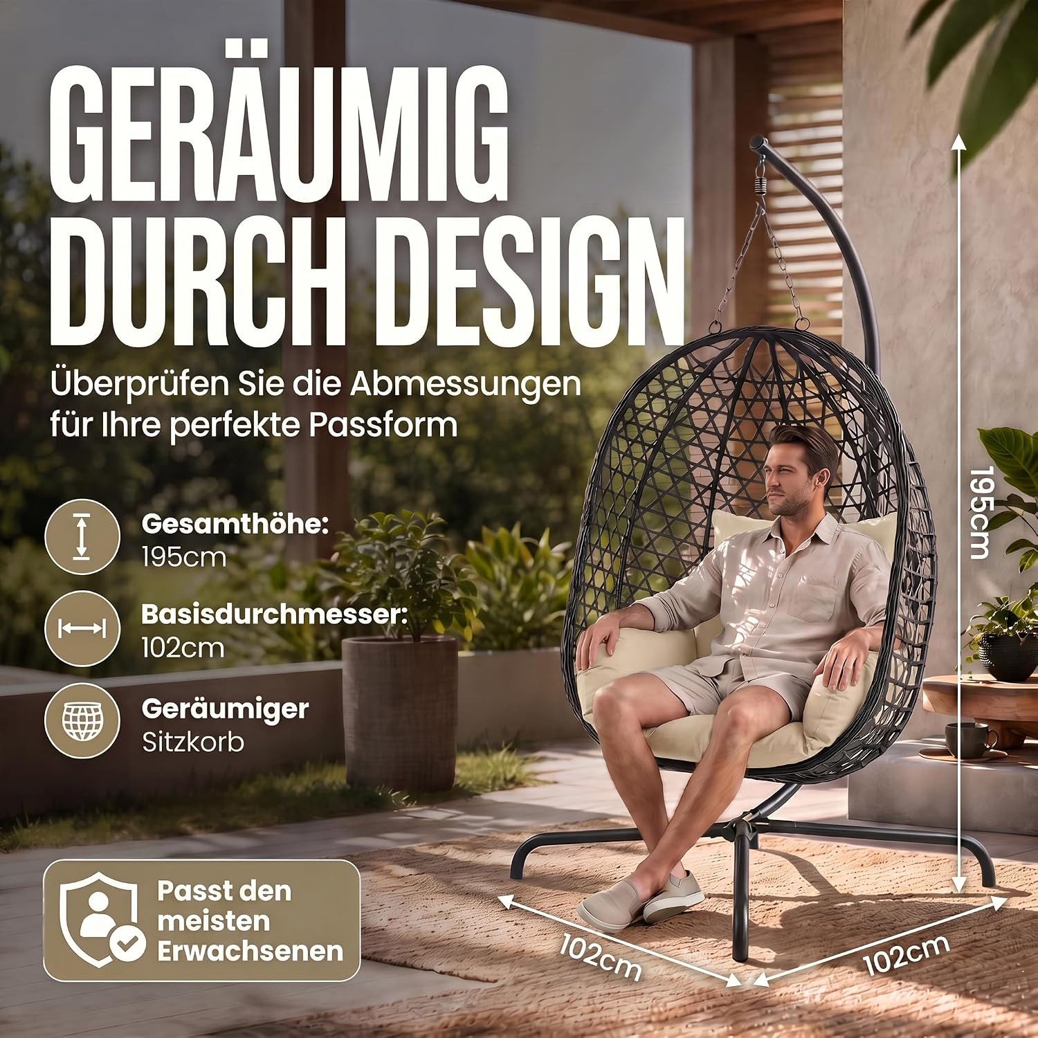 Schwebeliege mit Gestell - Freischwingender Hängesessel aus Rattan