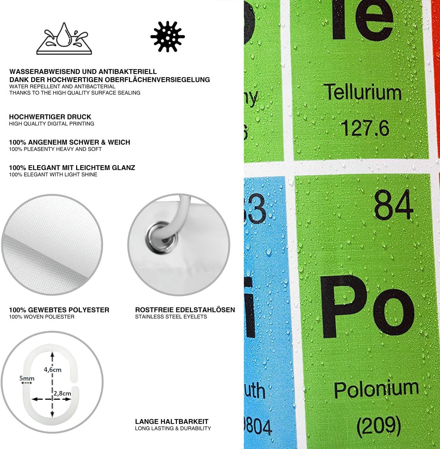 Duschvorhang Periodensystem 180x200cm - Wasserdicht & Waschbar