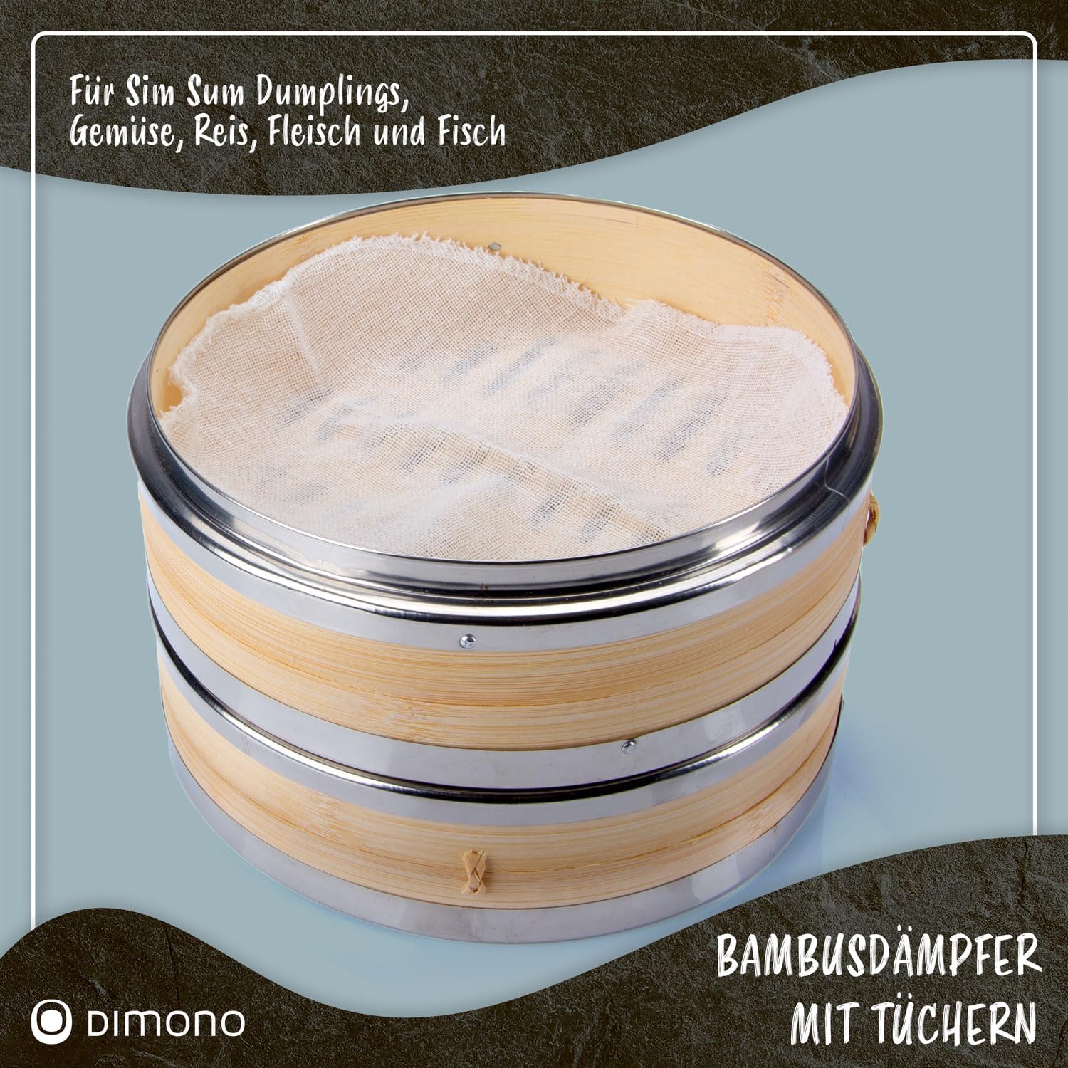 Bambus Dampfgarer 20cm - 2 Etagen Asia-Dampfkorb mit Edelstahl-Ring