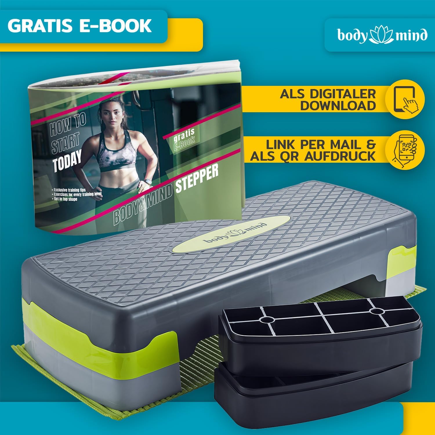 Aerobic Stepper – 3-Stufen Steppbrett mit Anti-Rutsch-Matte