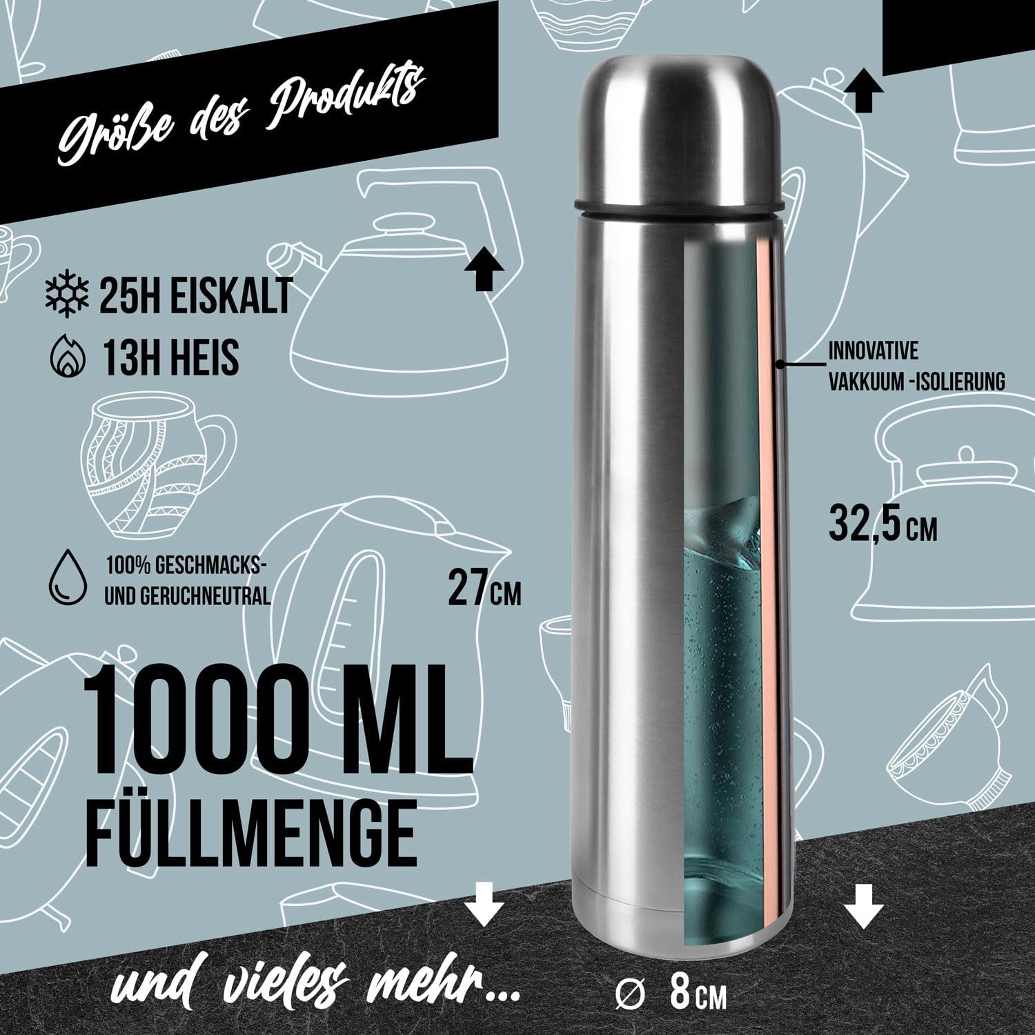 Edelstahl Thermoskanne 1L - Auslaufsichere Isolierflasche 12h heiß