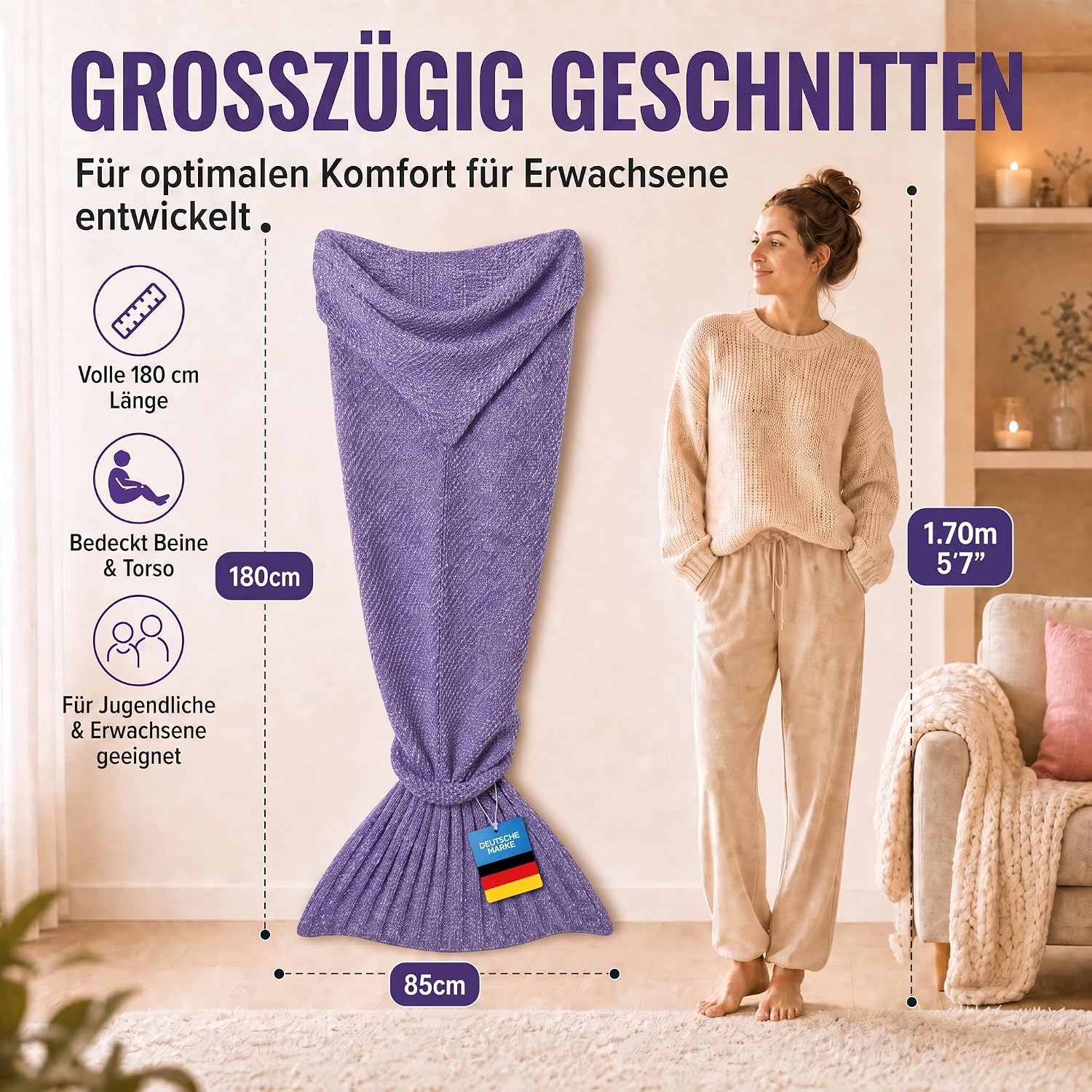 Feluna Meerjungfrau Kuscheldecke – 180x85 cm – Weiche Strickdecke
