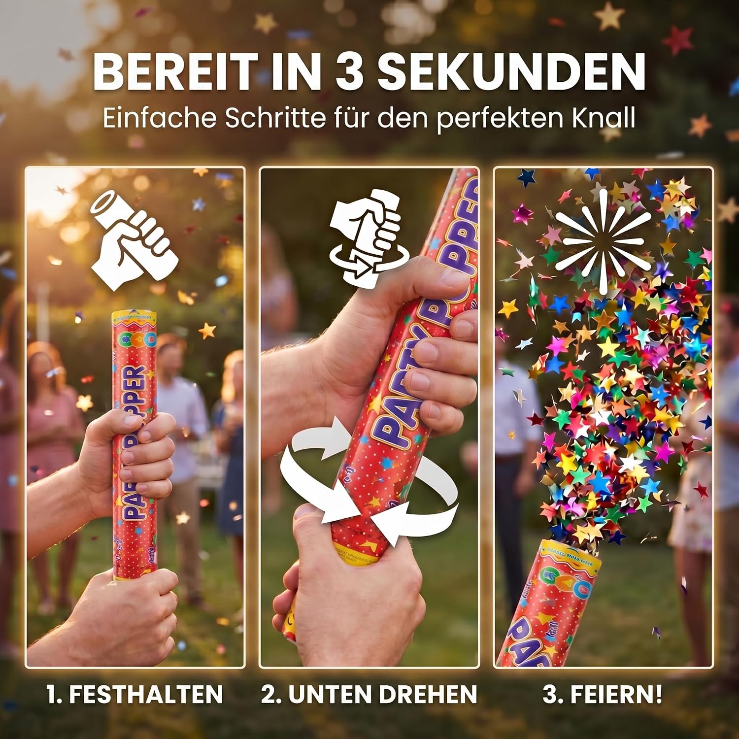 10x Konfettikanone XXL 100 cm – Bunte Sterne Party Popper