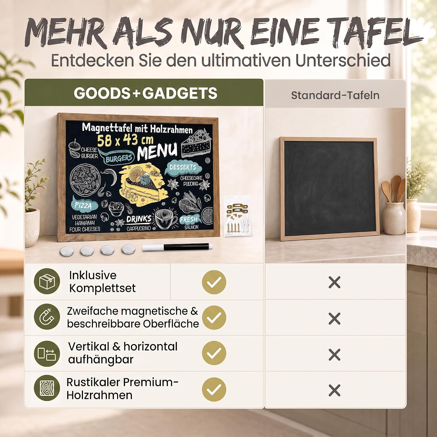 Magnetische Kreidetafel mit Holzrahmen – 26 x 35 cm – Wandtafel