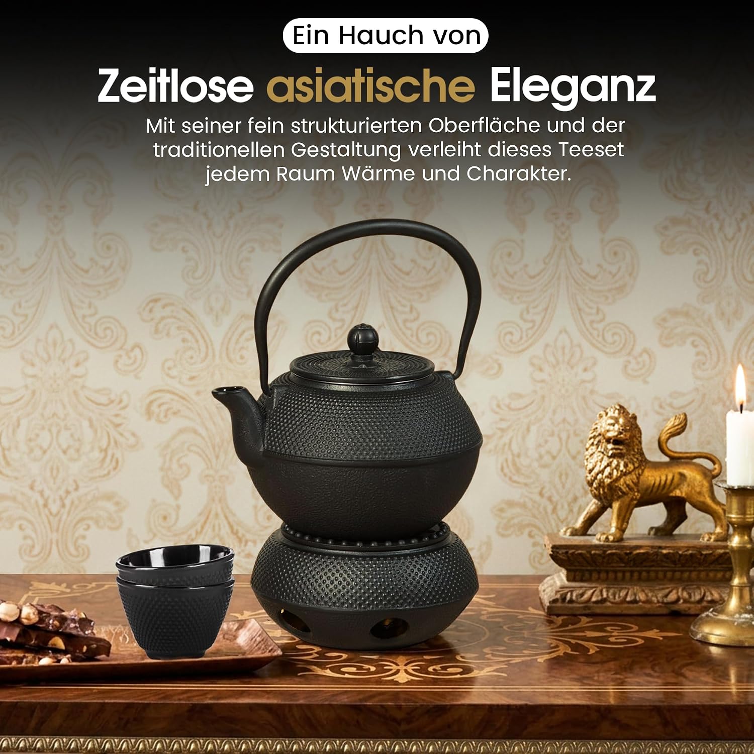 Traditionelles Gusseisen-Teeset - Teekanne mit Stövchen & 2 Tassen
