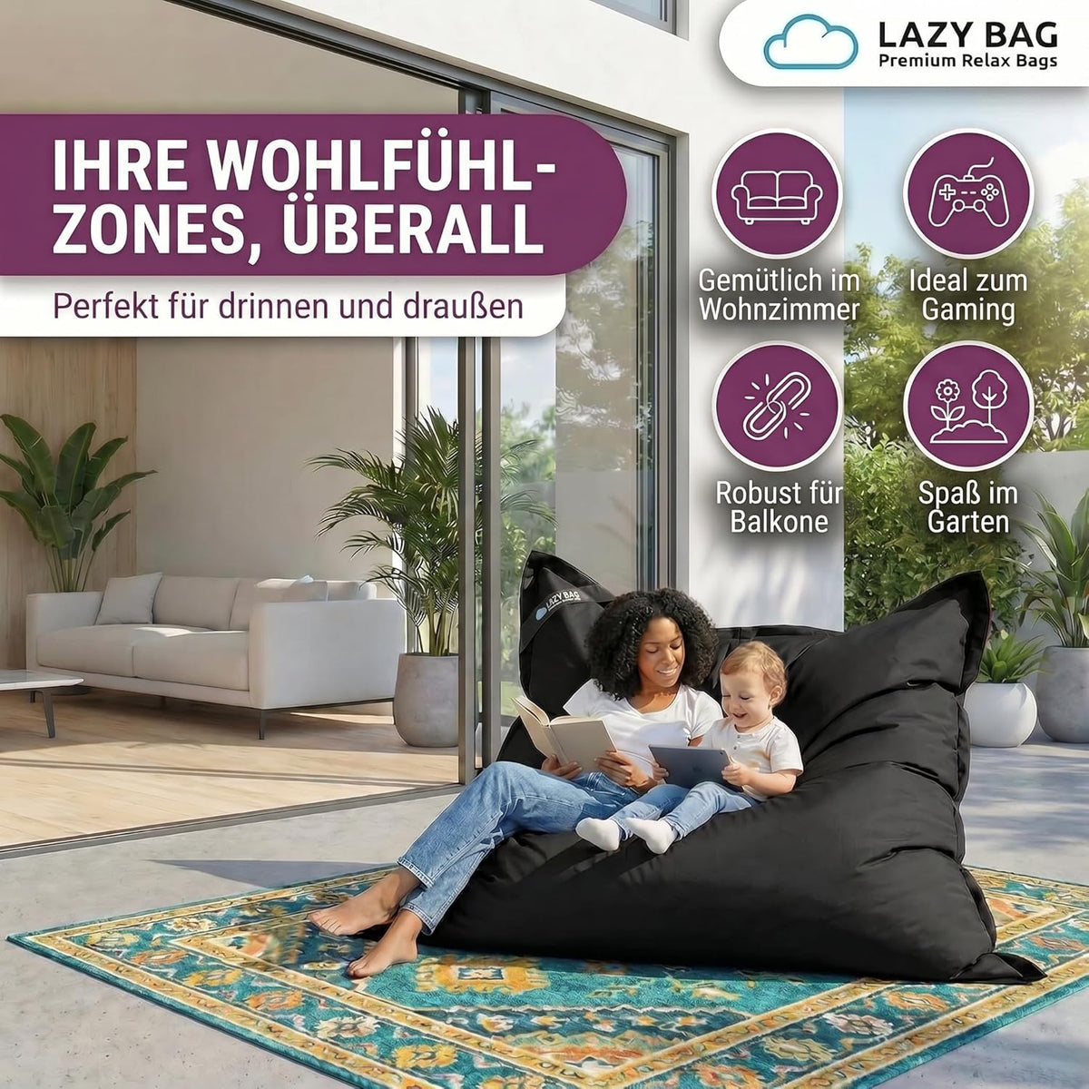 LazyBag Outdoor Sitzsack Junior – Wasserfestes Sitzkissen für Kinder #Farbe_Schwarz