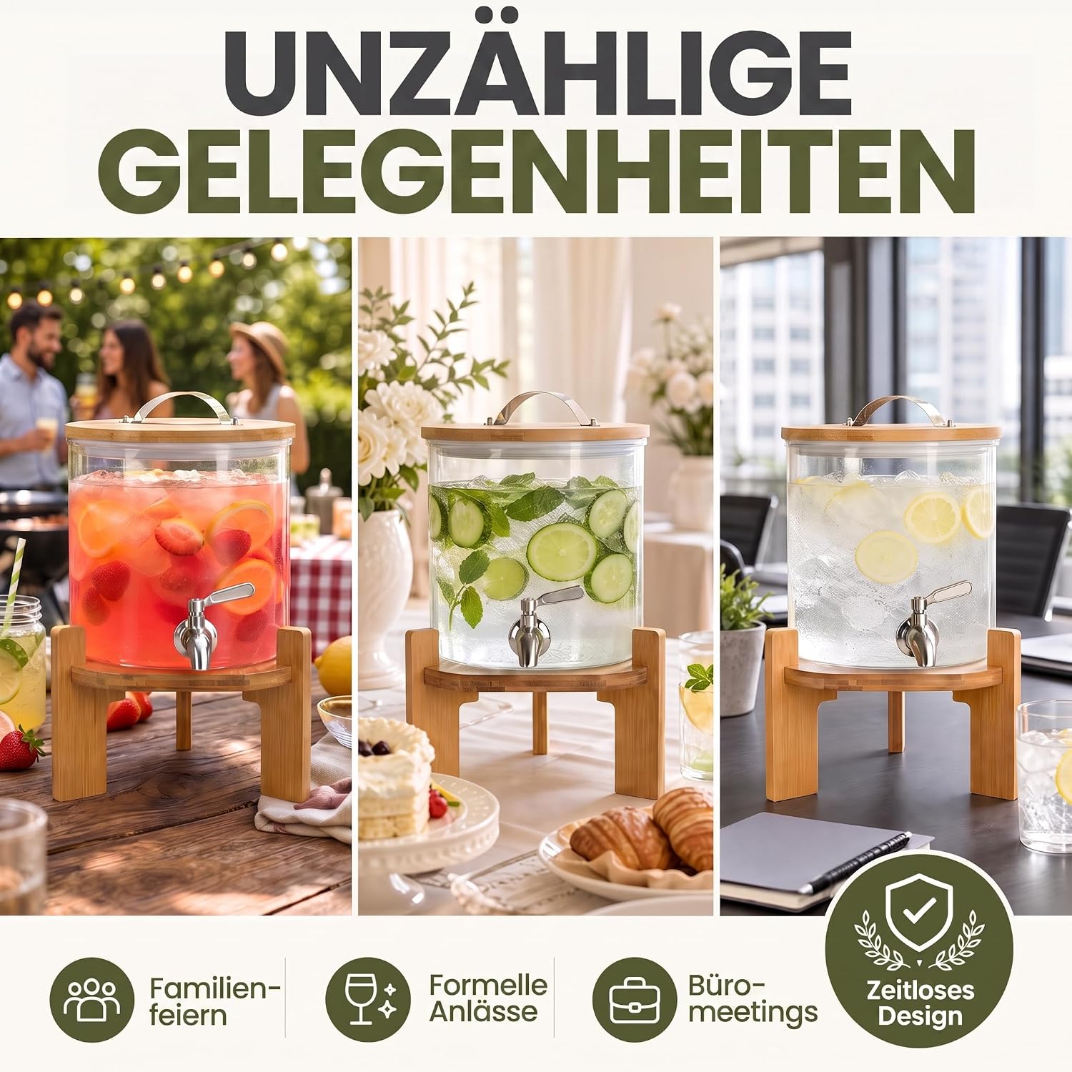 Designer Getränkespender mit Zapfhahn & Bambusgestell 5L & 8L