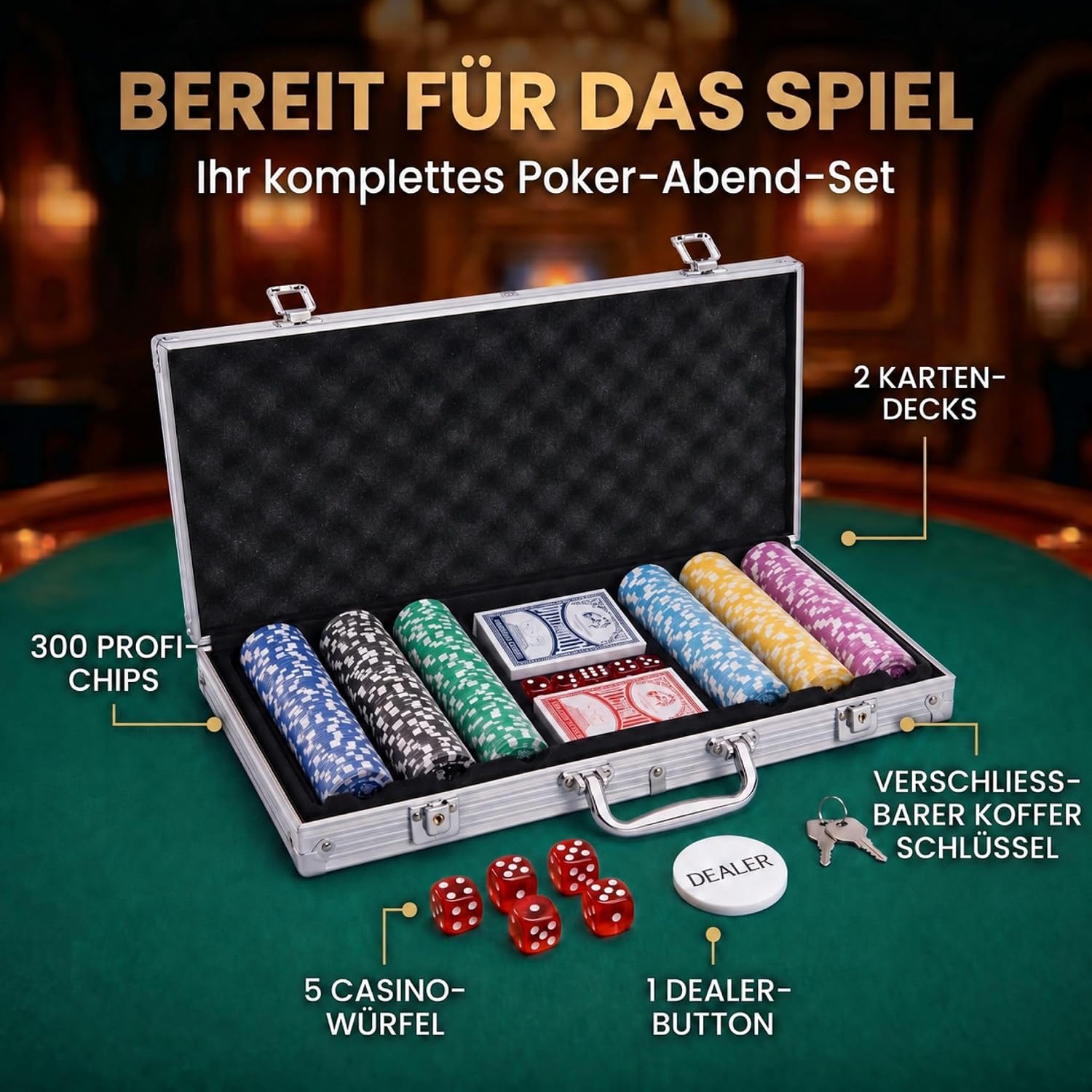 Profi Pokerset mit 500 Chips & Alu-Koffer – Casino-Feeling für Zuhause