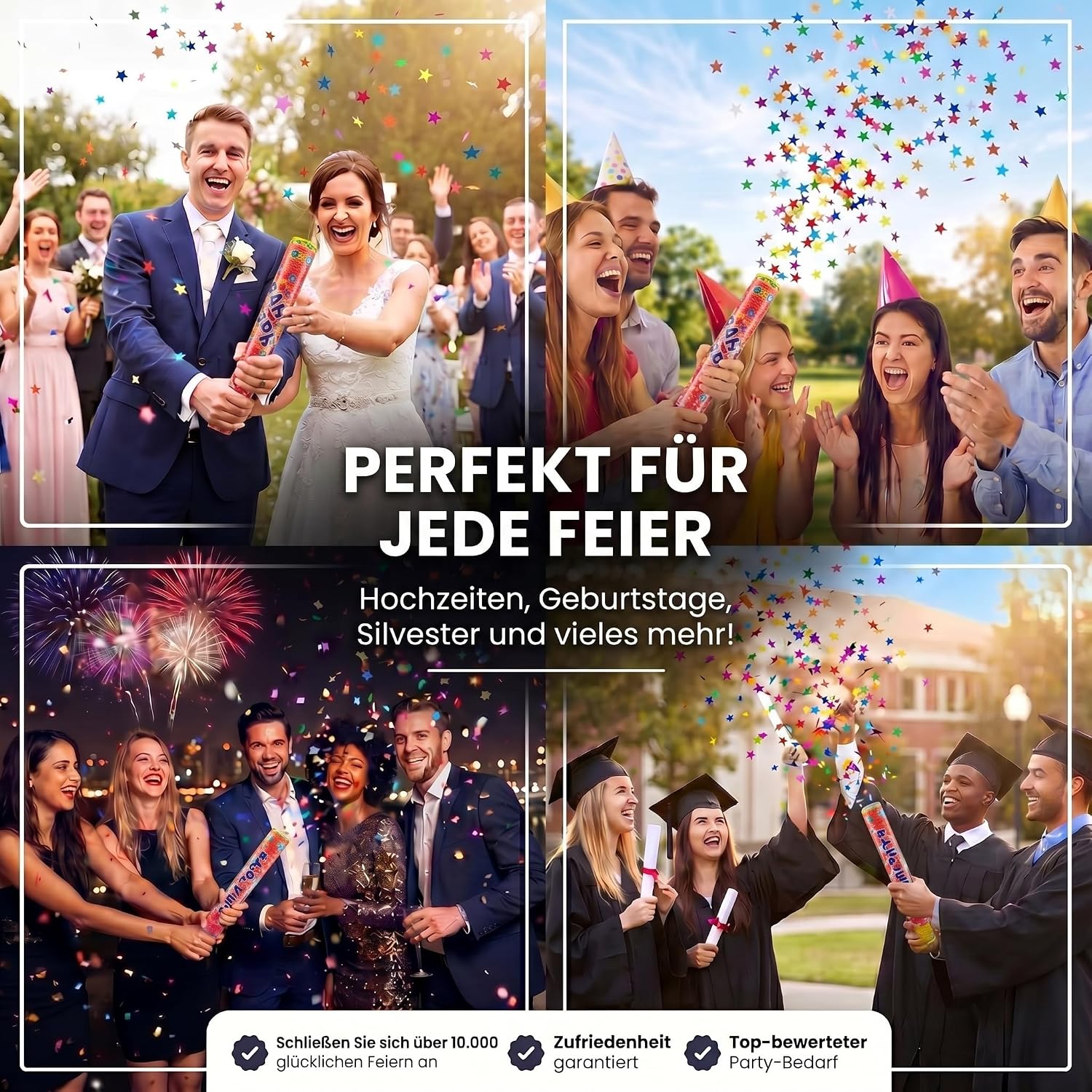 10x Konfettikanone XXL 100 cm – Bunte Sterne Party Popper