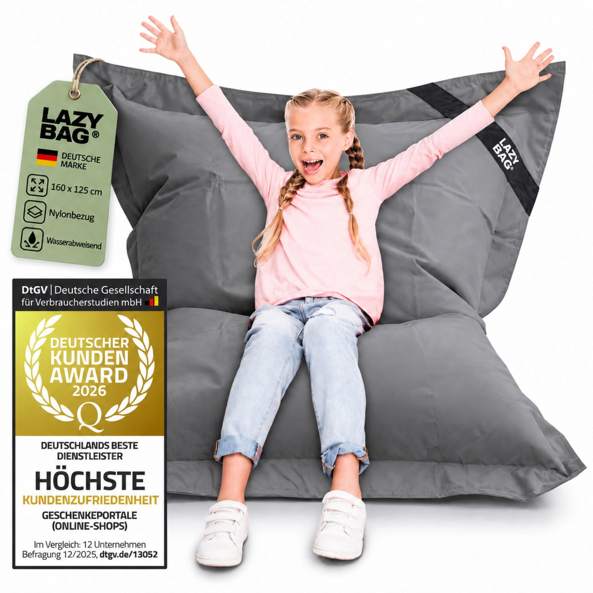 LazyBag Outdoor Sitzsack Junior – Wasserfestes Sitzkissen für Kinder #Farbe_Dunkelgrau