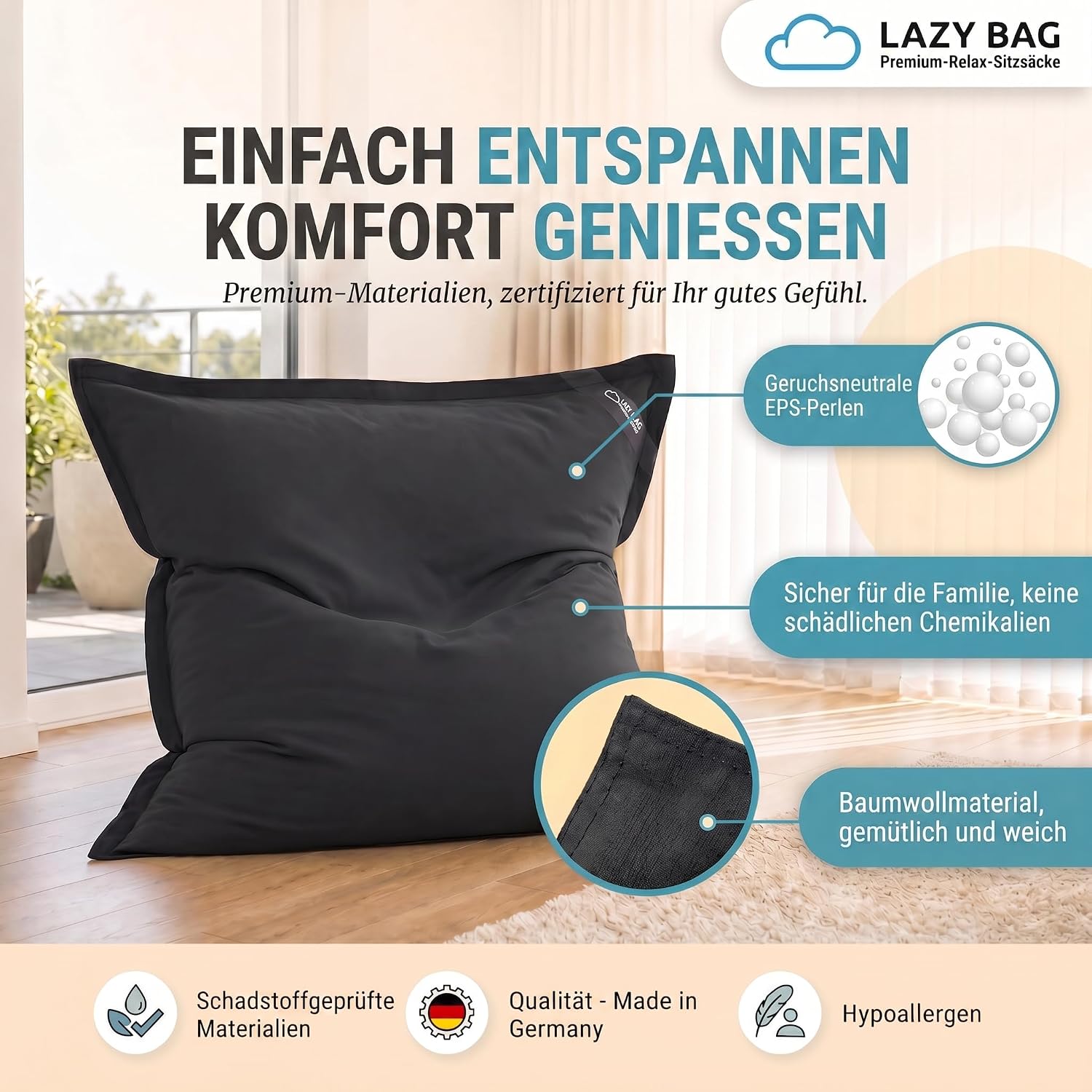 LazyBag XXL Sitzsack 180x140 cm aus Baumwolle – 400L Komfort
