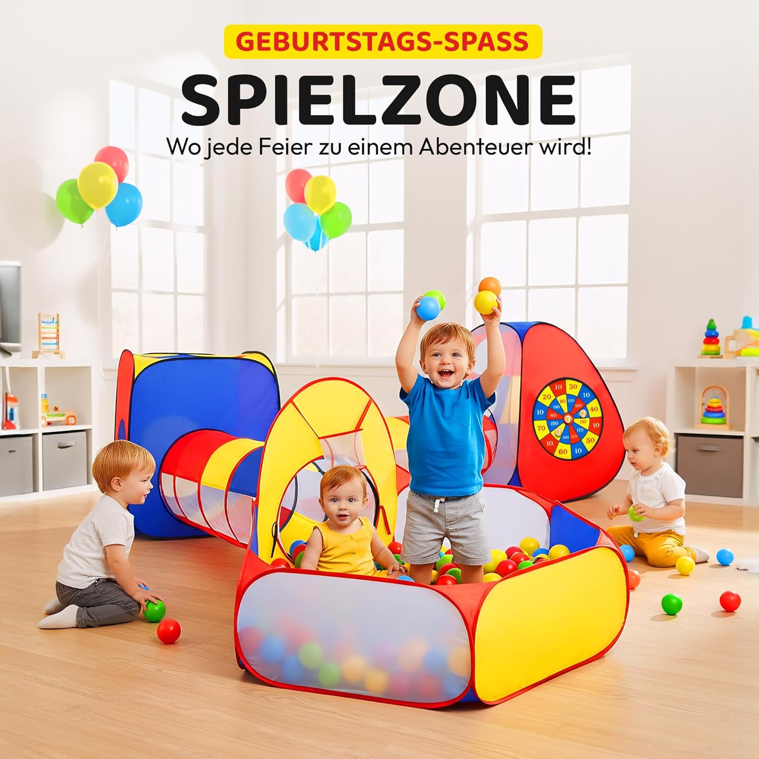 Spielzelt für Kinder mit Tunnel & Bällebad – 5-tlg. Pop-Up Zelt