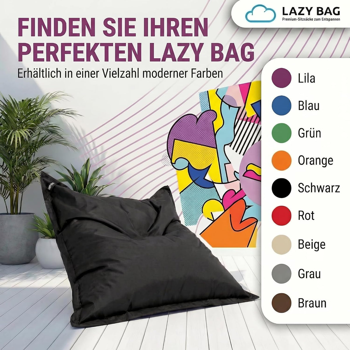 LazyBag Outdoor Sitzsack Junior – Wasserfestes Sitzkissen für Kinder #Farbe_Schwarz