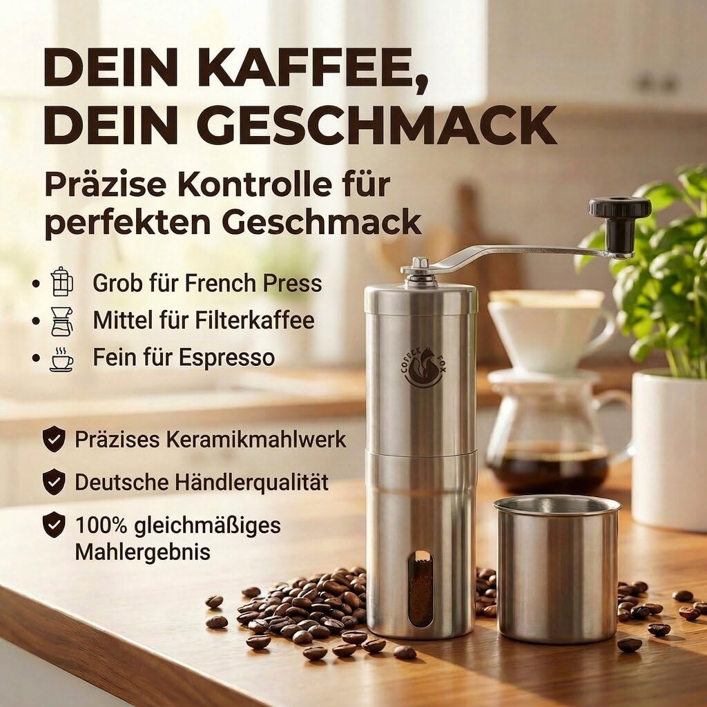 Manuelle Edelstahl-Kaffeemühle – Stufenloses Keramik-Mahlwerk