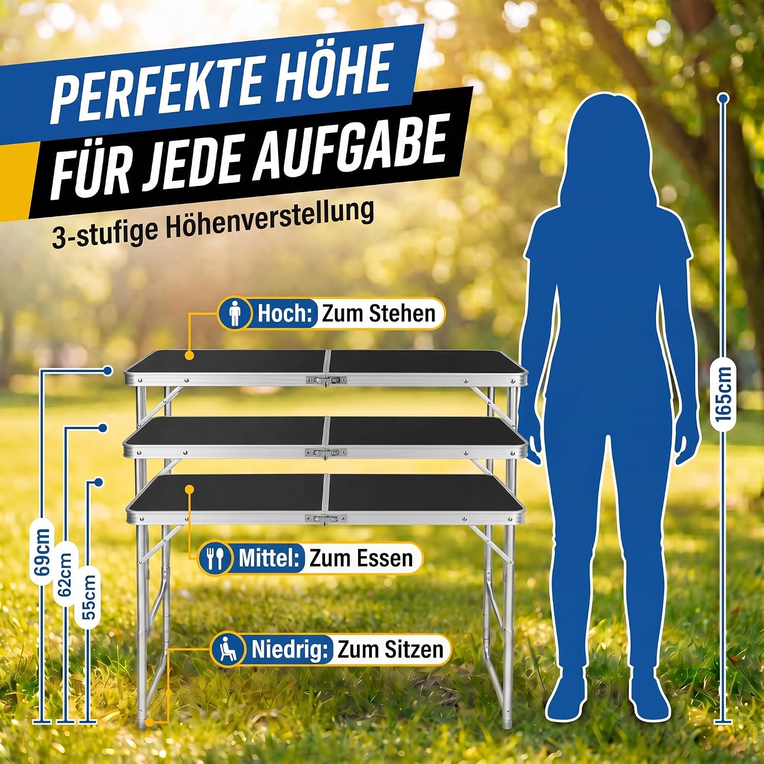 Klappbarer Campingtisch 120x60cm inkl. 4 Hocker für Outdoor