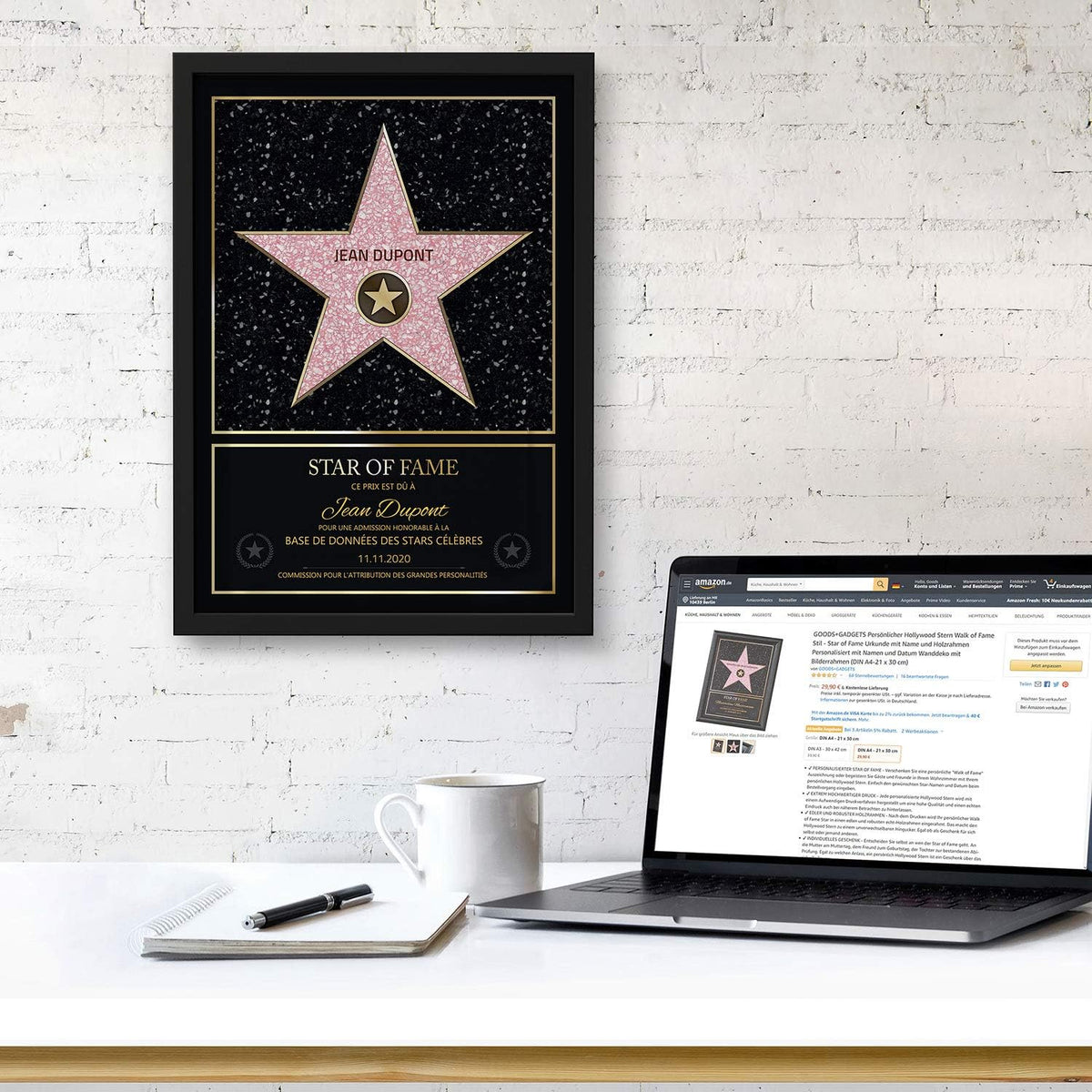 Personalisierte Hollywood Star Urkunde mit Holzrahmen – DIN A4