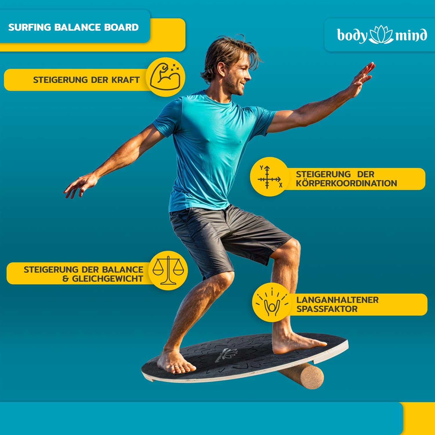 Balance-Board Surfbrett mit Korkrolle & Ständer – Fitness Board 80 cm