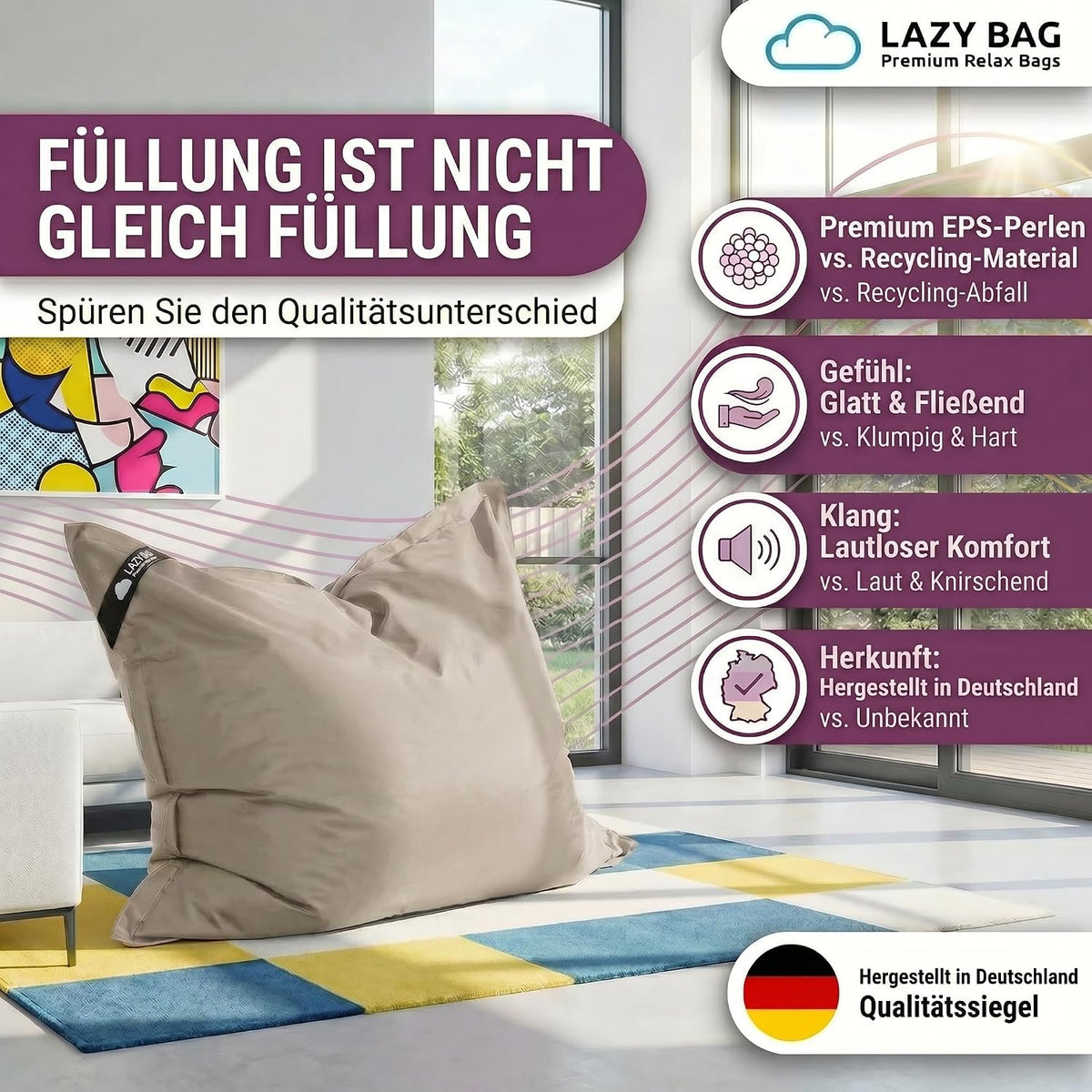 LazyBag Outdoor Sitzsack Junior – Wasserfestes Sitzkissen für Kinder #Farbe_Beige