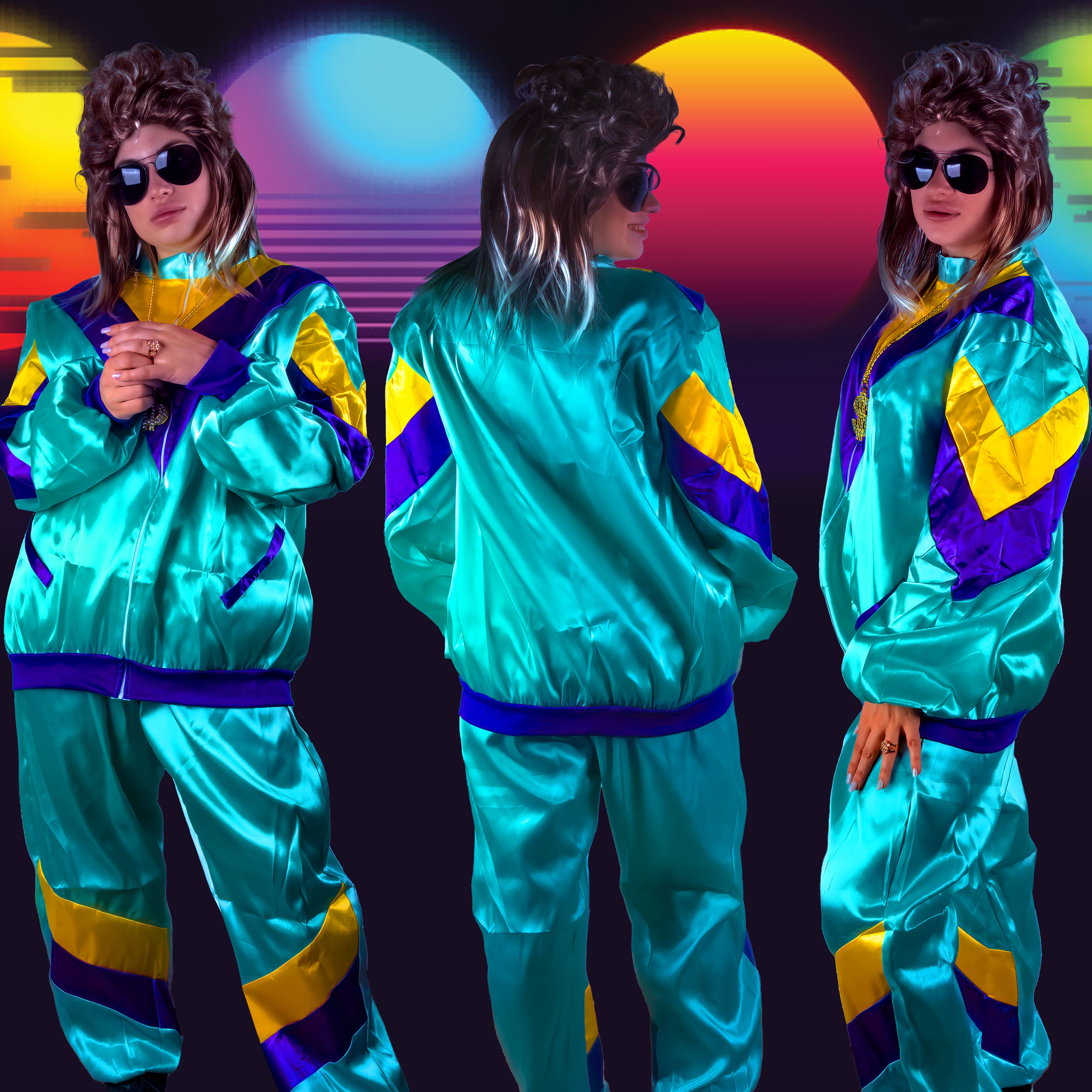 80er Outfit - Vokuhila Komplett-Set Kostüm - NEON Unisex Trainingsanzug