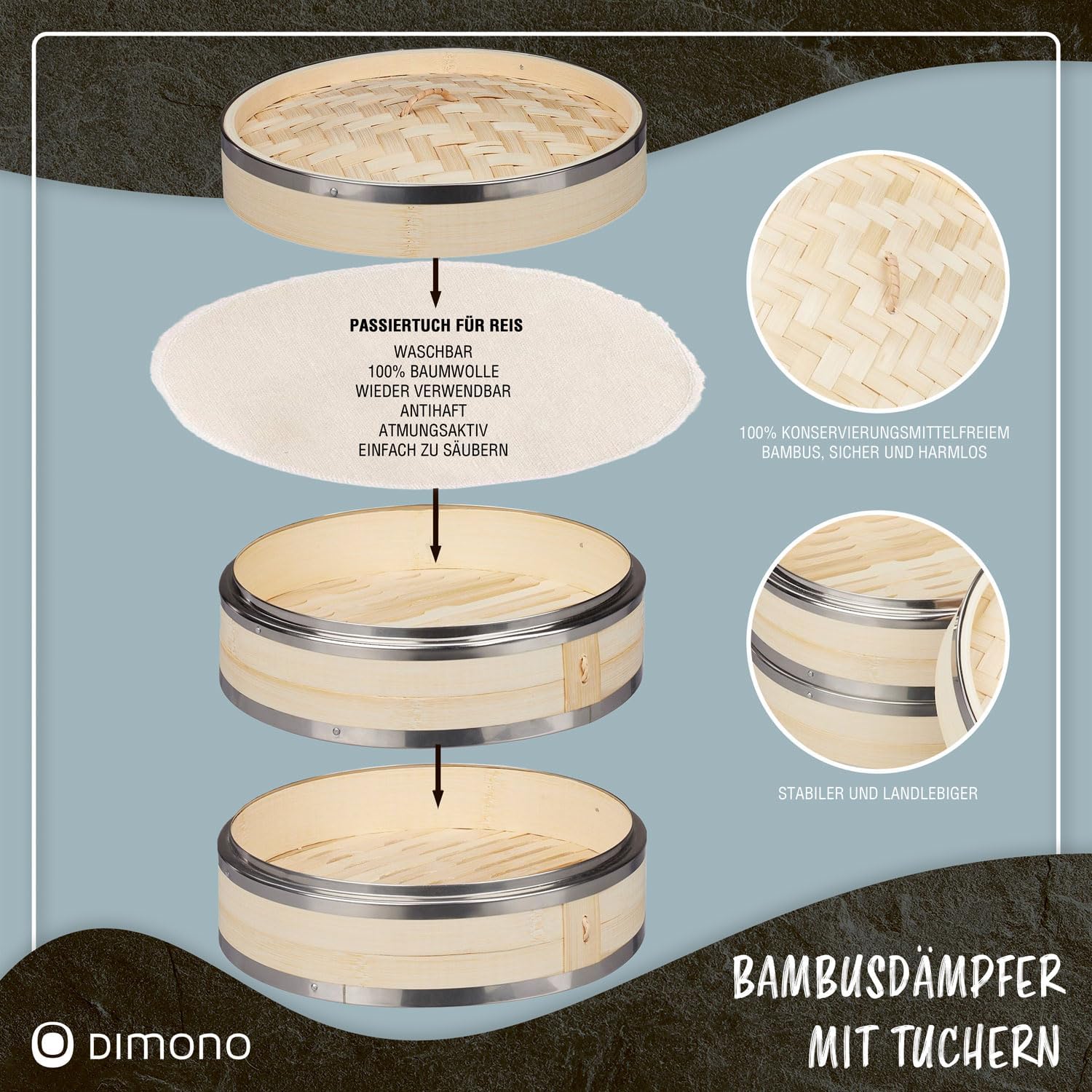 Bambus Dampfgarer 20cm - 2 Etagen Asia-Dampfkorb mit Edelstahl-Ring
