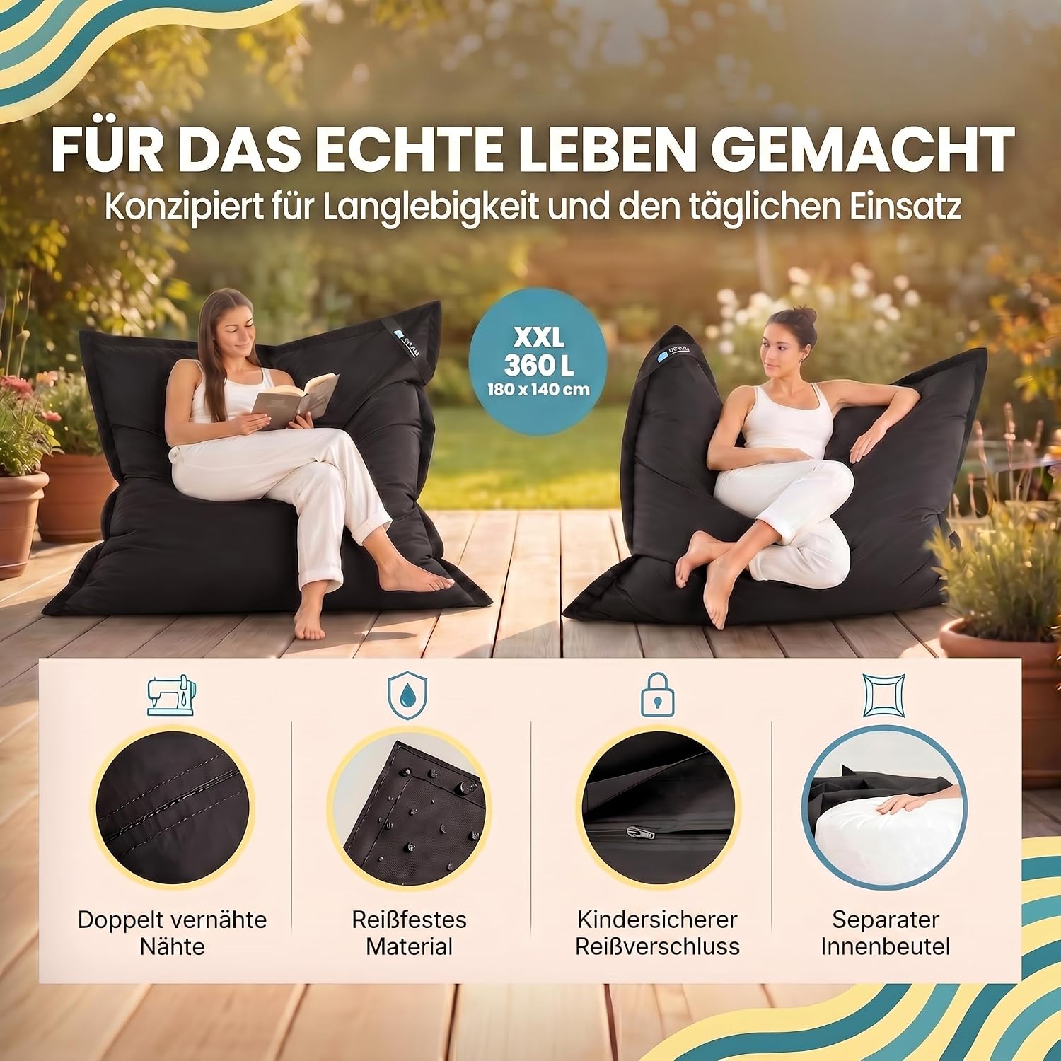 LazyBag XXL Sitzsack - Wasserfestes Outdoor Sitzkissen 180x140 cm