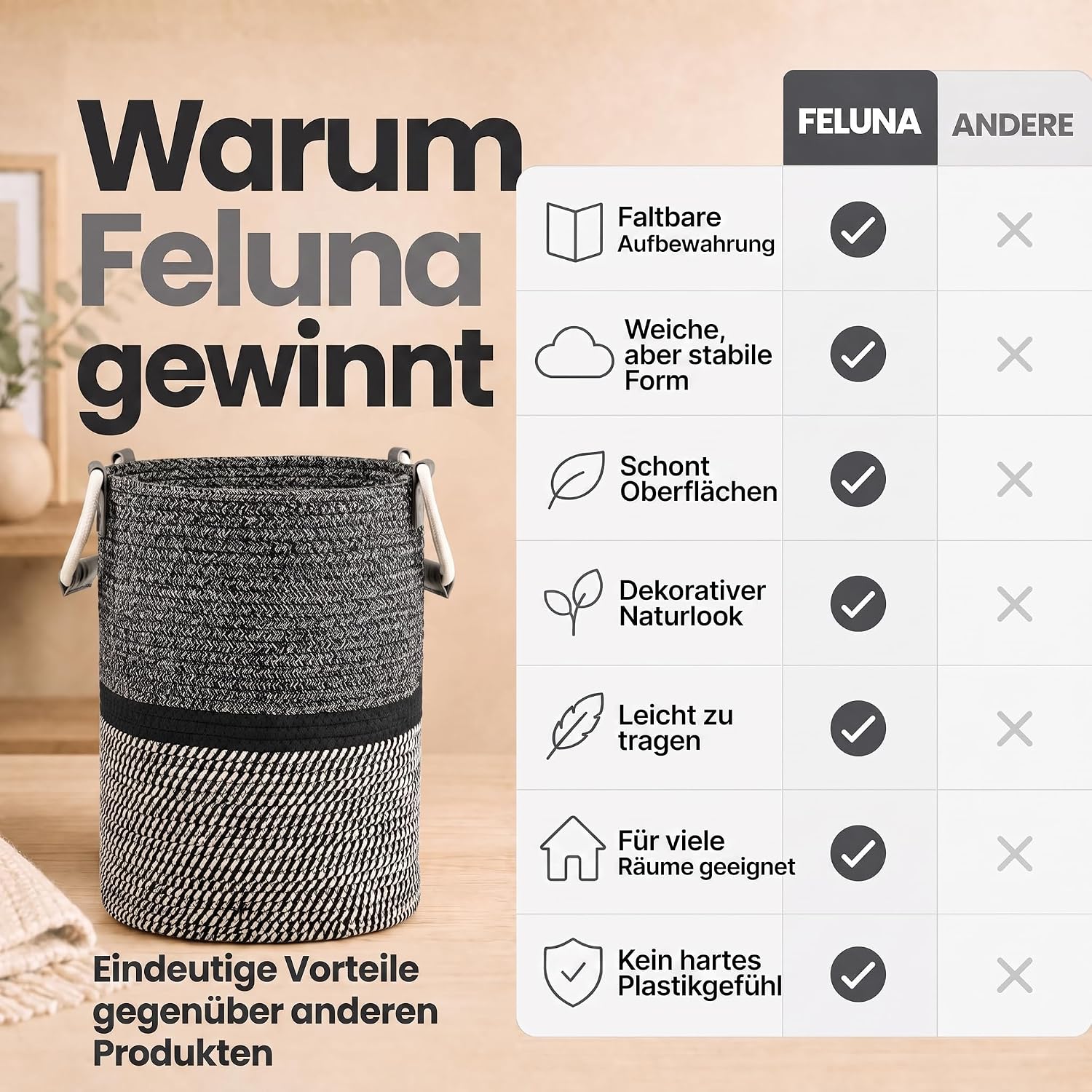 Feluna Aufbewahrungskorb XXL - Stabiler Deko-Korb aus Leinen-Mix
