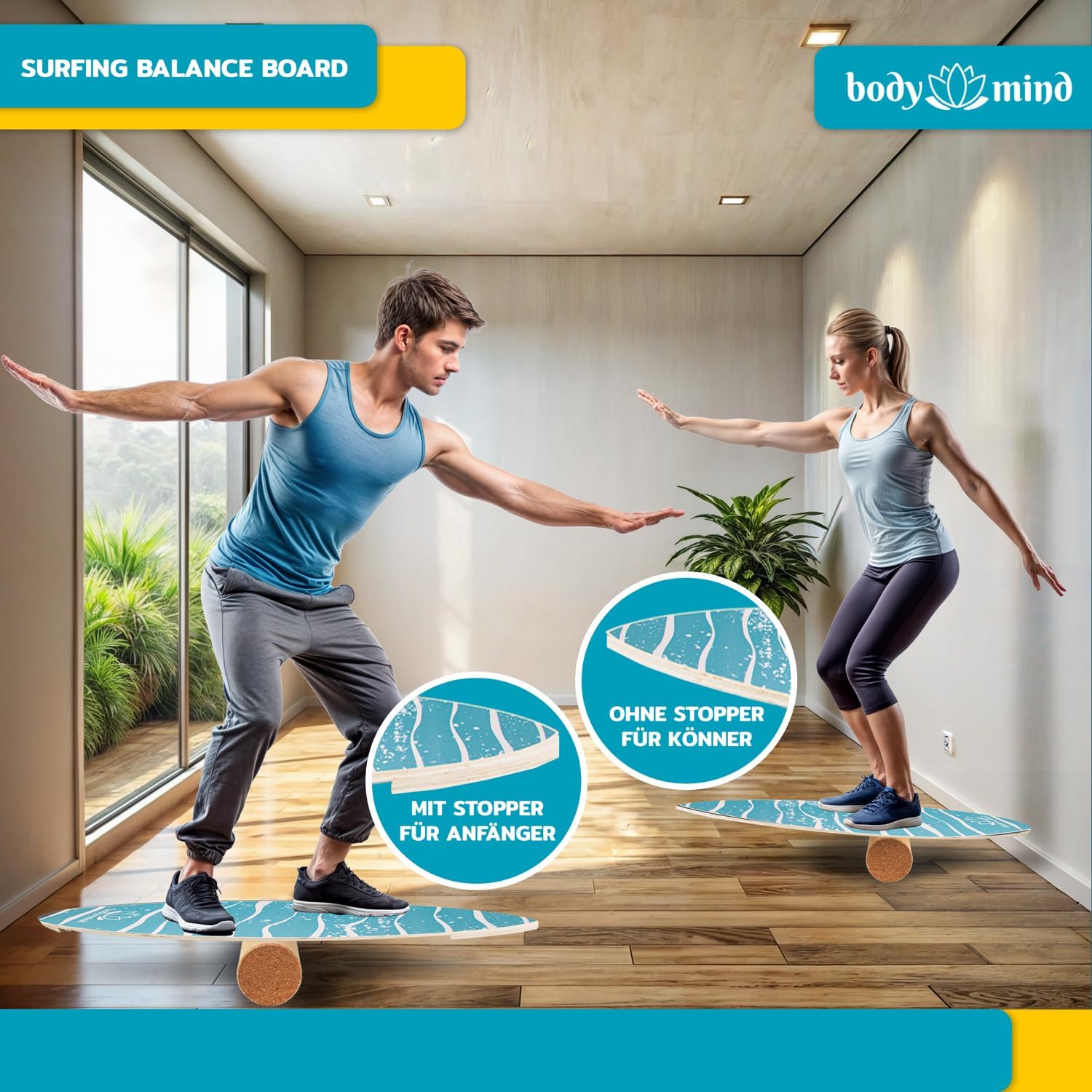 Balance-Board Surfbrett mit Korkrolle & Ständer – Fitness Board 80 cm