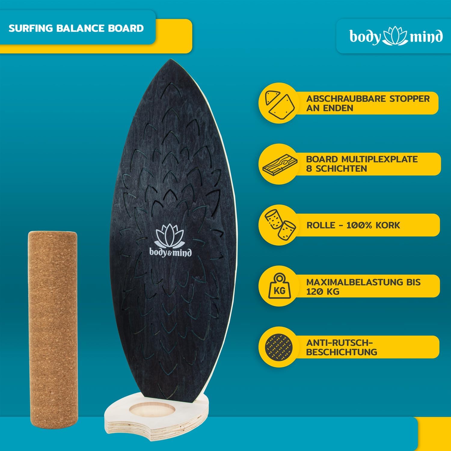 Balance-Board Surfbrett mit Korkrolle & Ständer – Fitness Board 80 cm