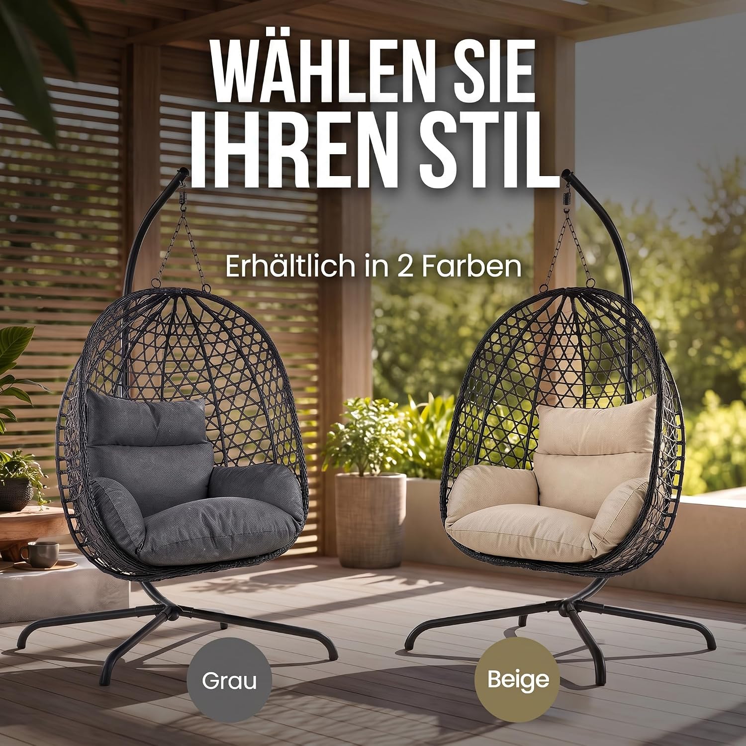 Schwebeliege mit Gestell - Freischwingender Hängesessel aus Rattan