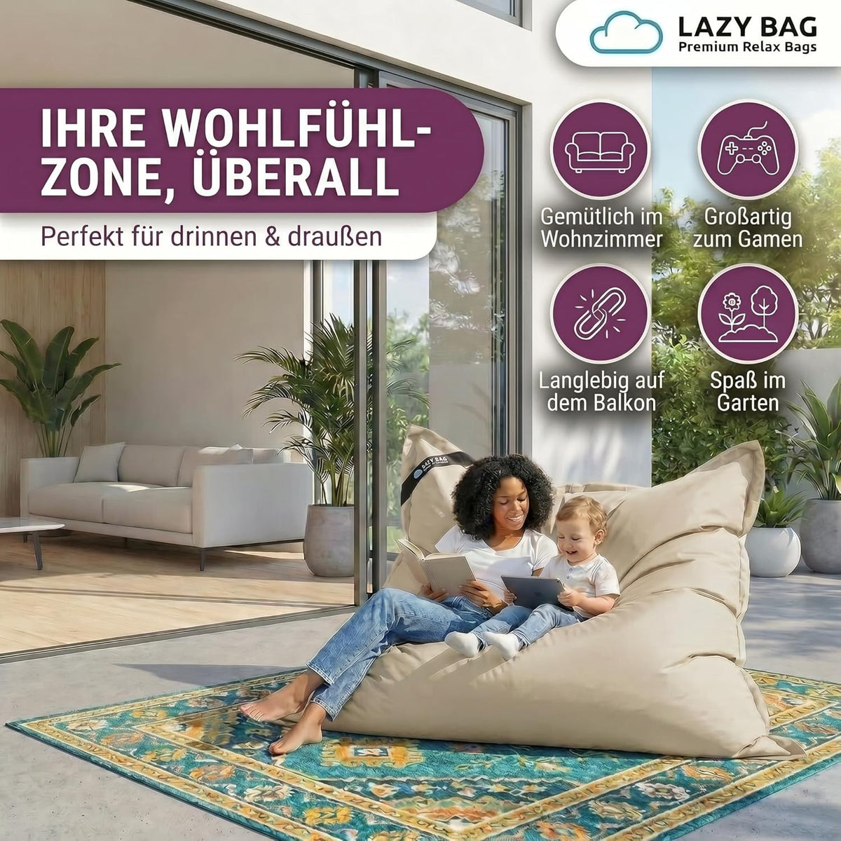 LazyBag Outdoor Sitzsack Junior – Wasserfestes Sitzkissen für Kinder #Farbe_Beige