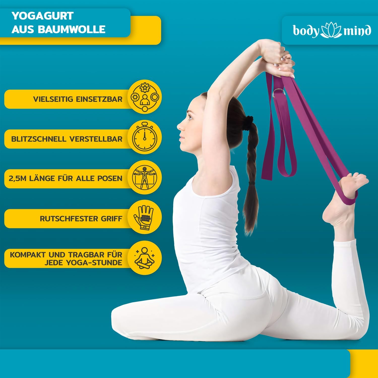 Yoga Gurt 250 cm mit Metall-D-Ring - Rutschfest & Langlebig