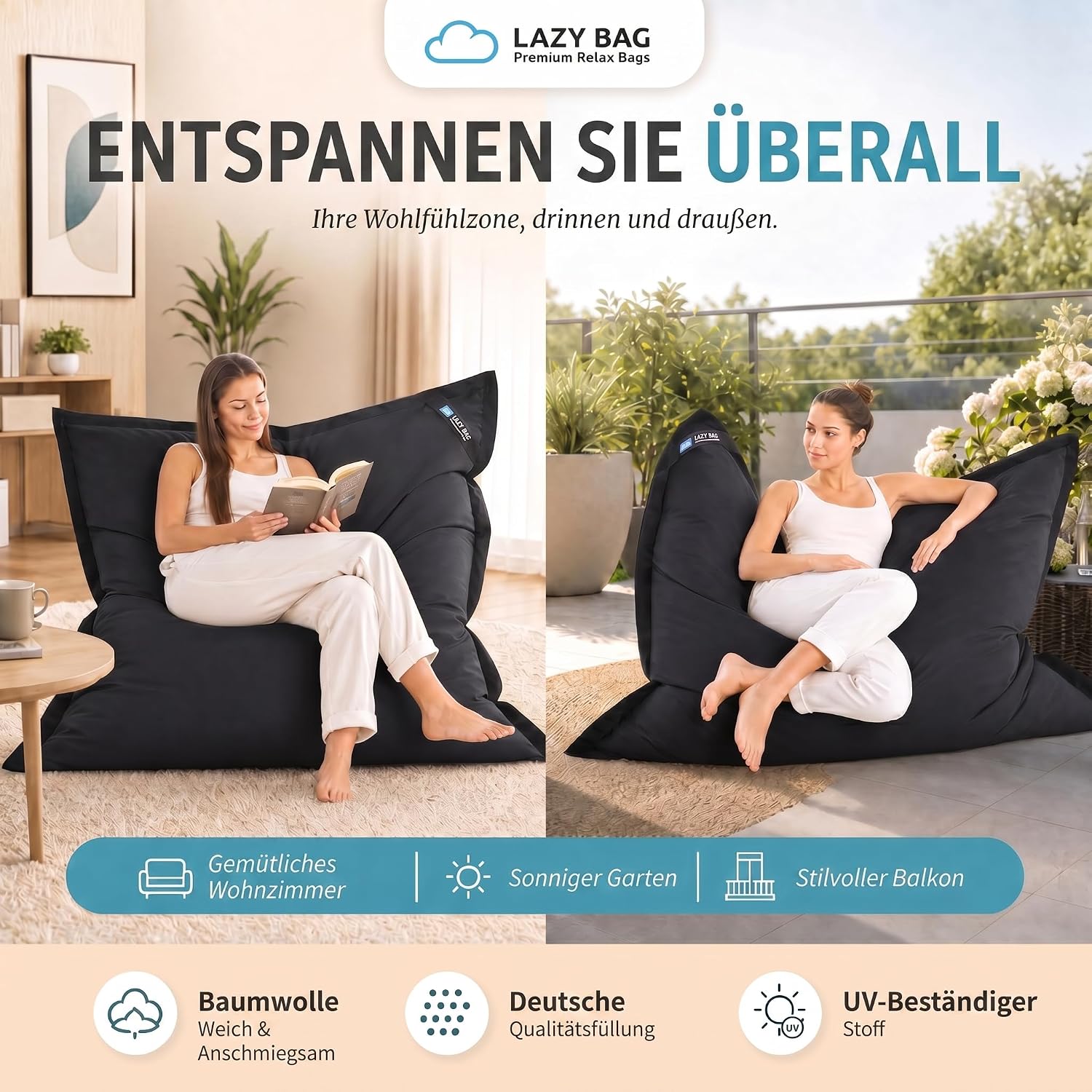 LazyBag XXL Sitzsack 180x140 cm aus Baumwolle – 400L Komfort