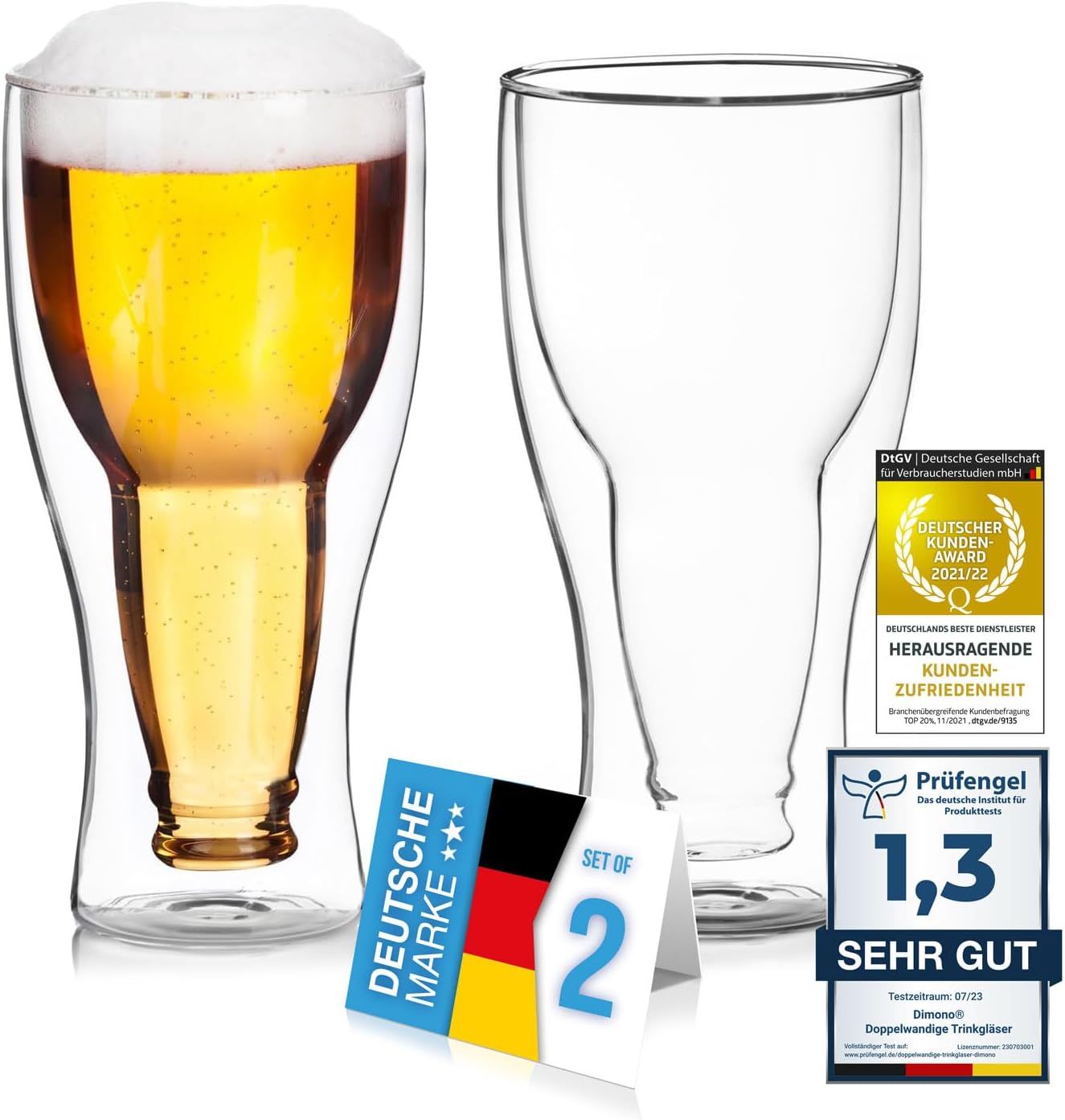 2er Set Doppelwandige Biergläser - Bierflaschen-Design Thermoglas