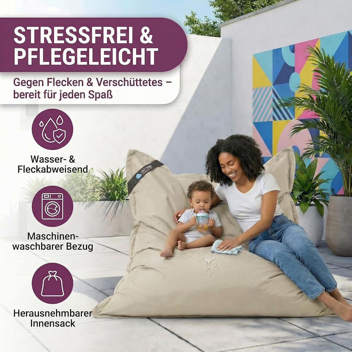 LazyBag Outdoor Sitzsack Junior – Wasserfestes Sitzkissen für Kinder #Farbe_Beige