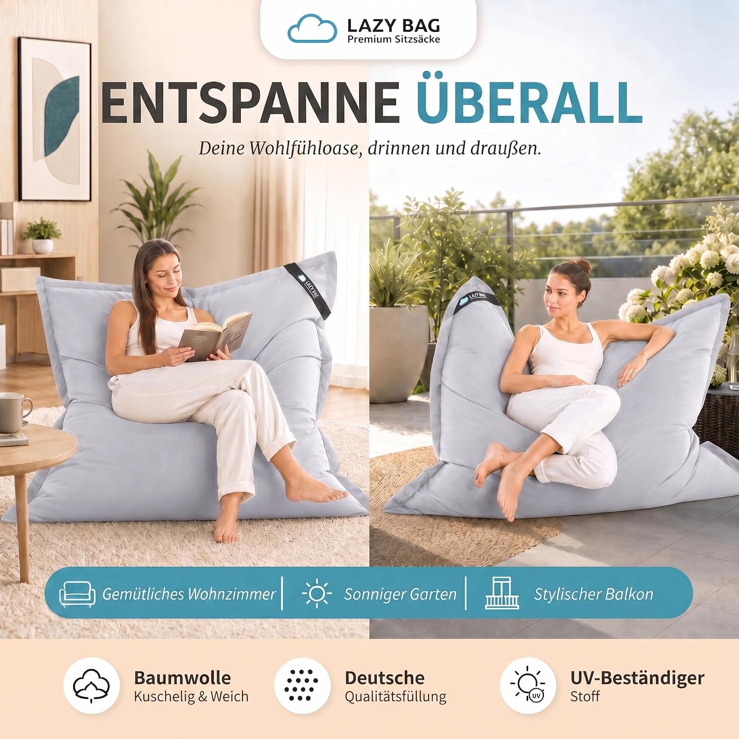 LazyBag XXL Sitzsack 180x140 cm aus Baumwolle – 400L Komfort