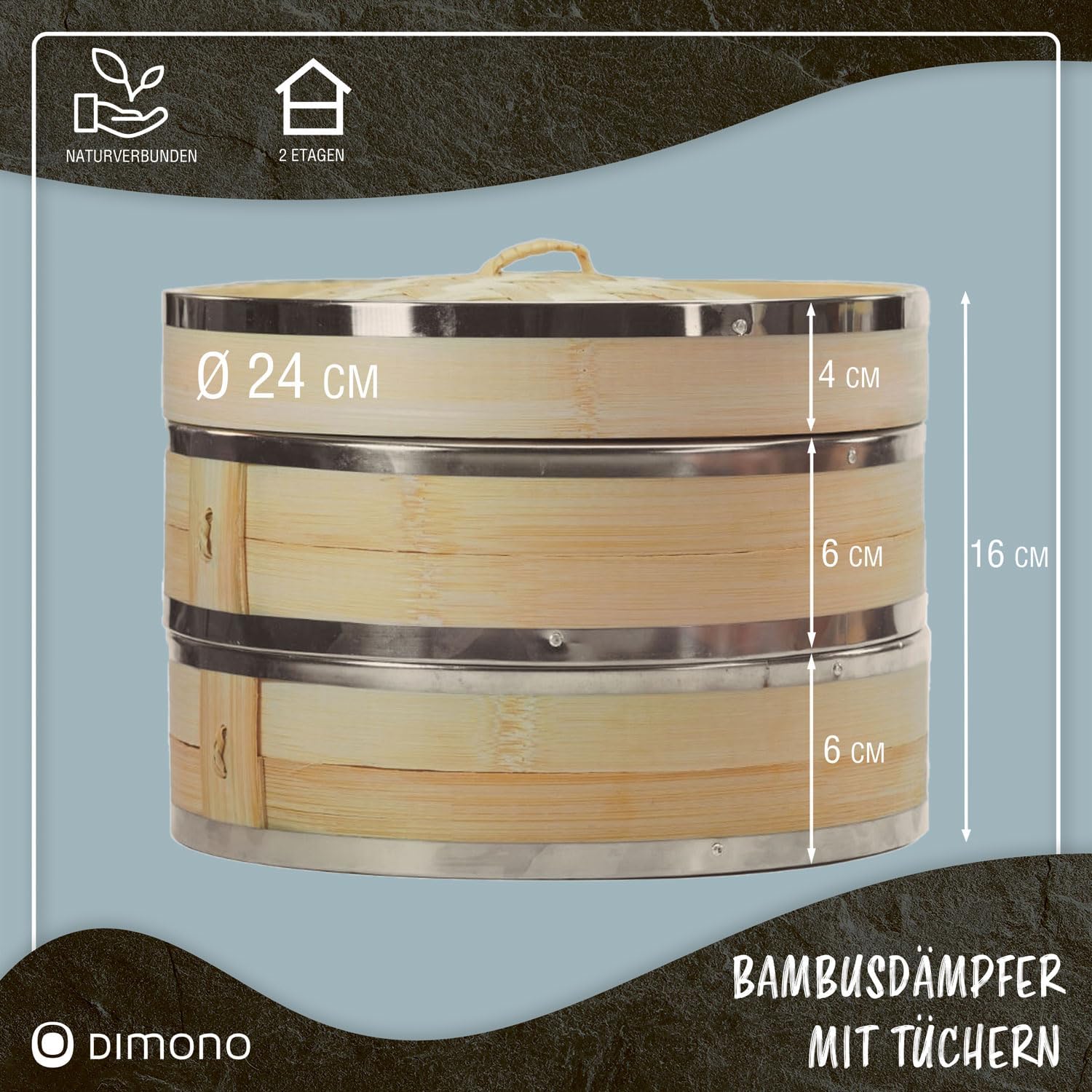 Bambus Dampfgarer 20cm - 2 Etagen Asia-Dampfkorb mit Edelstahl-Ring