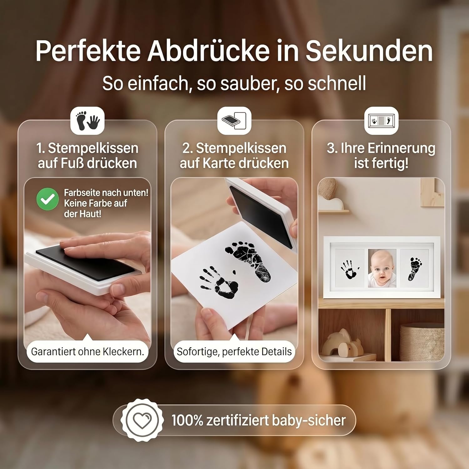 Baby Abdruckset mit Bilderrahmen - Holz-Rahmen für Hand & Fuß