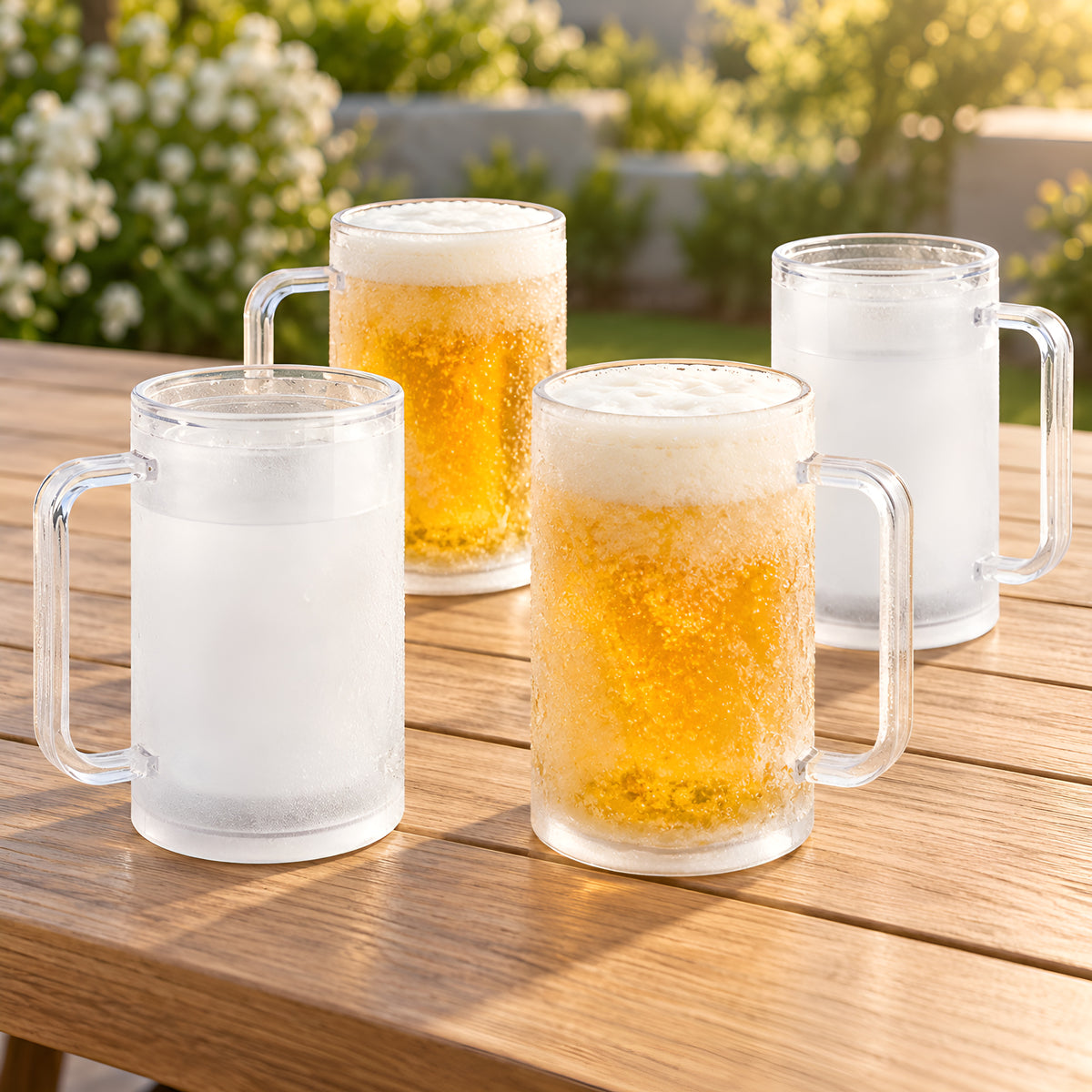 Kühlbecher Vierer-Set – vier Becher auf einem Gartentisch, zwei befüllt und zwei leer #Anzahl_4