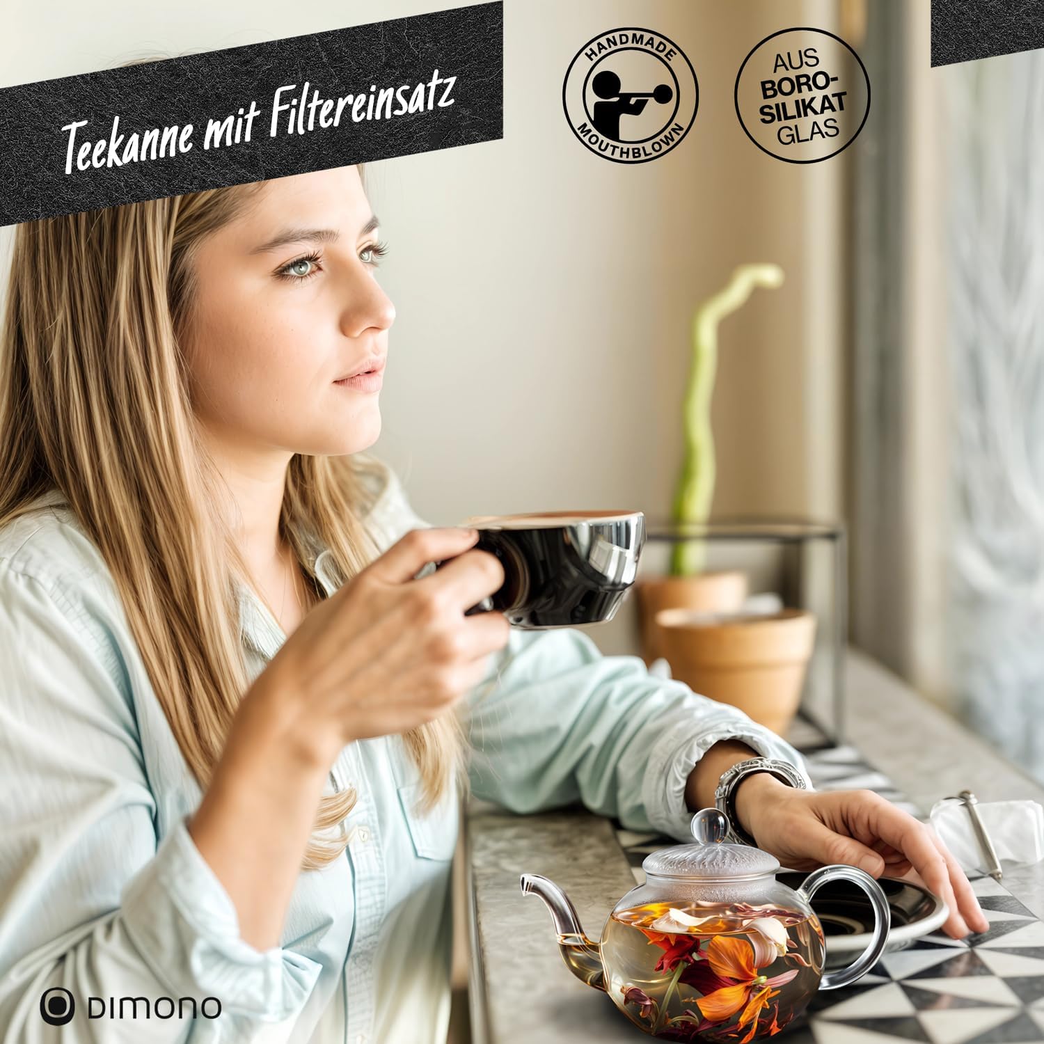 Dimono Teekanne 1500 ml aus Borosilikatglas mit feinem Teesieb