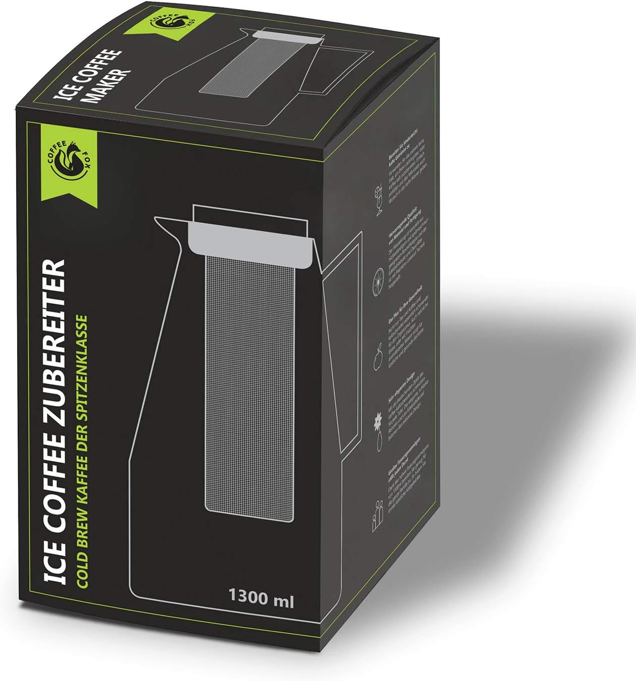 Cold Brew Kaffeebereiter - Glas-Karaffe mit Edelstahl-Filter 1300ml