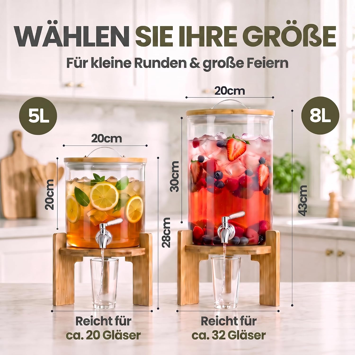 Designer Getränkespender mit Zapfhahn & Bambusgestell 5L & 8L