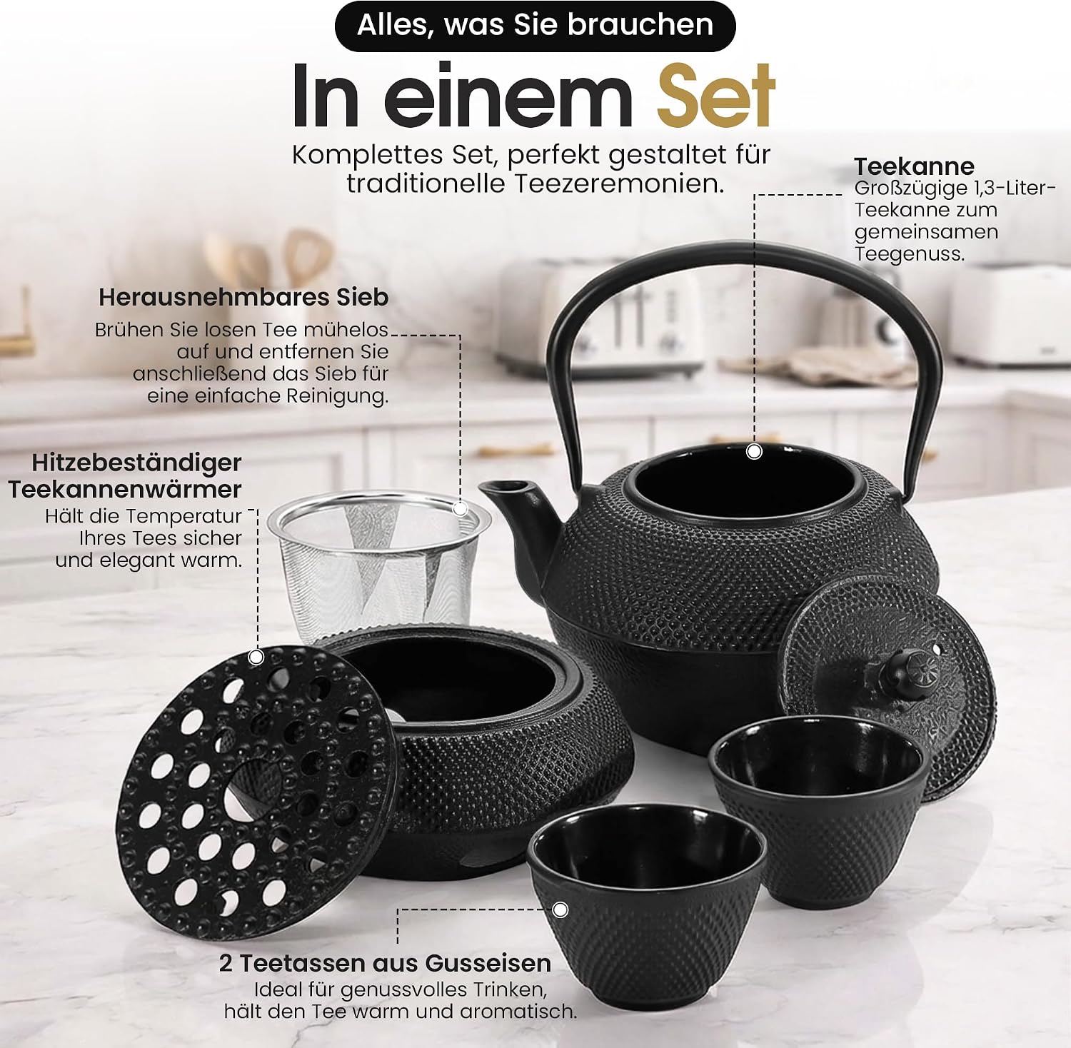Traditionelles Gusseisen-Teeset - Teekanne mit Stövchen & 2 Tassen