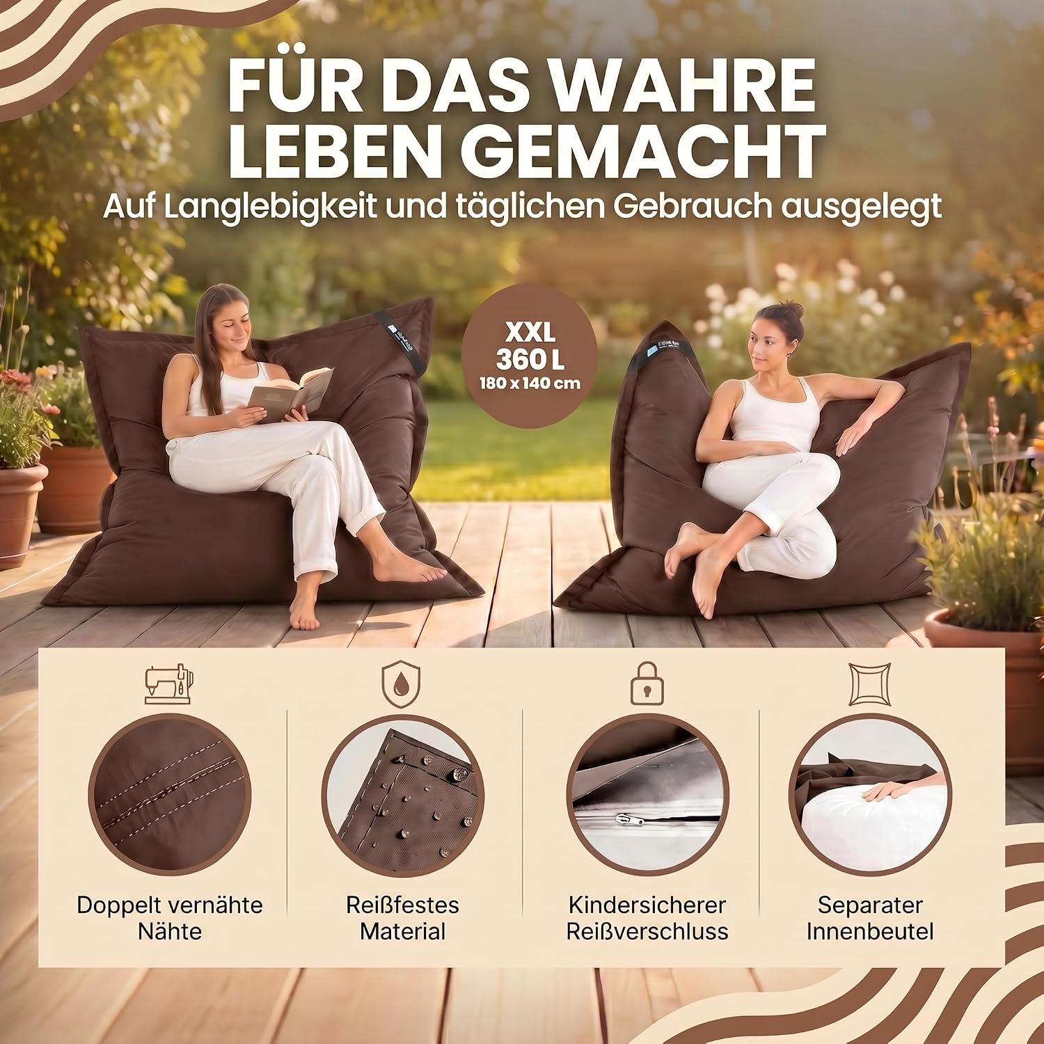 LazyBag XXL Sitzsack - Wasserfestes Outdoor Sitzkissen 180x140 cm
