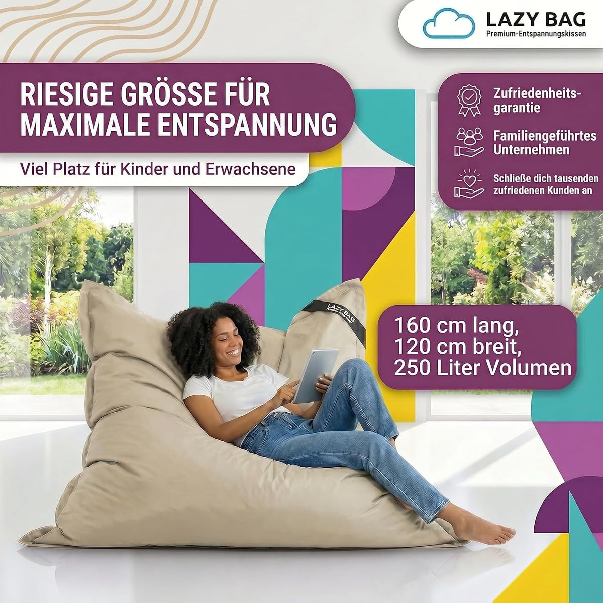 LazyBag Outdoor Sitzsack Junior – Wasserfestes Sitzkissen für Kinder #Farbe_Beige