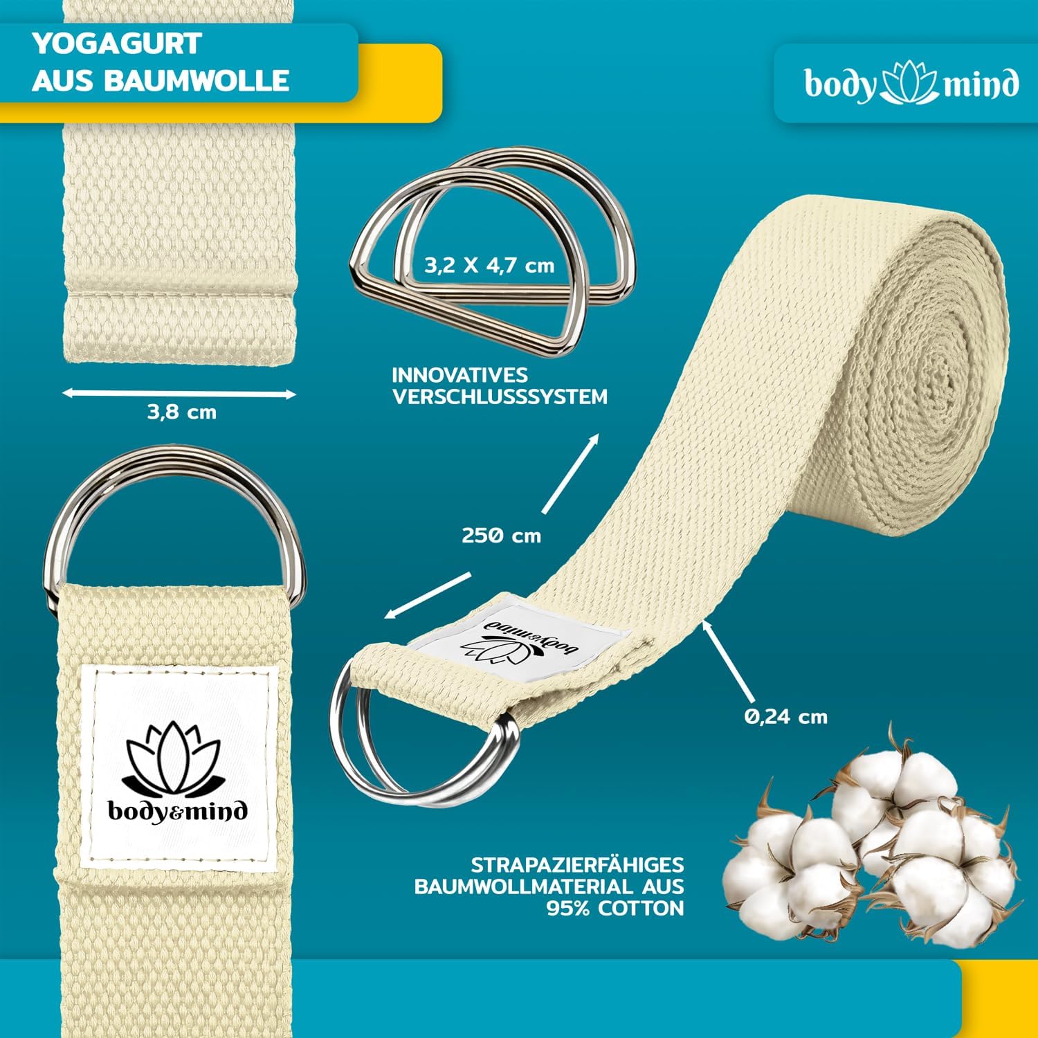 Yoga Gurt 250 cm mit Metall-D-Ring - Rutschfest & Langlebig