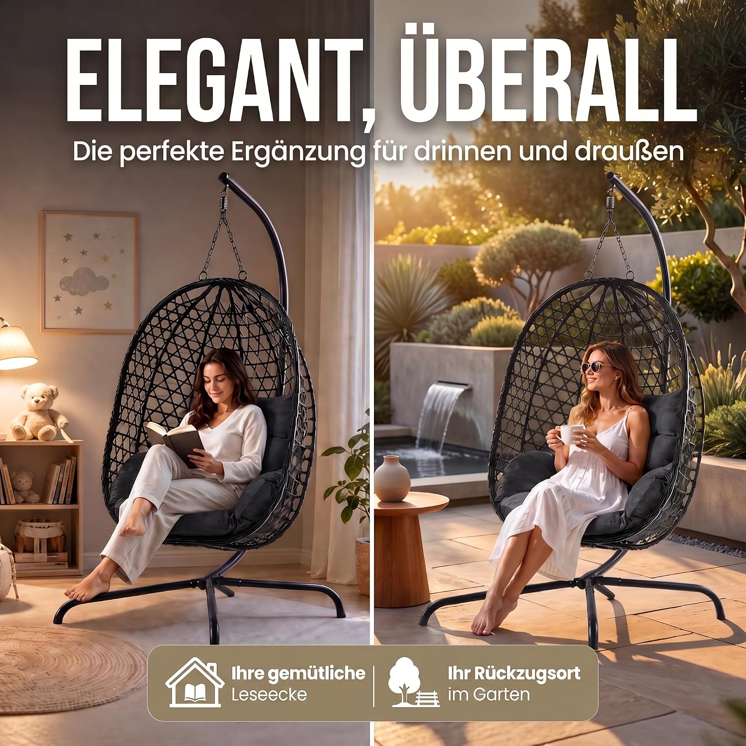 Schwebeliege mit Gestell - Freischwingender Hängesessel aus Rattan