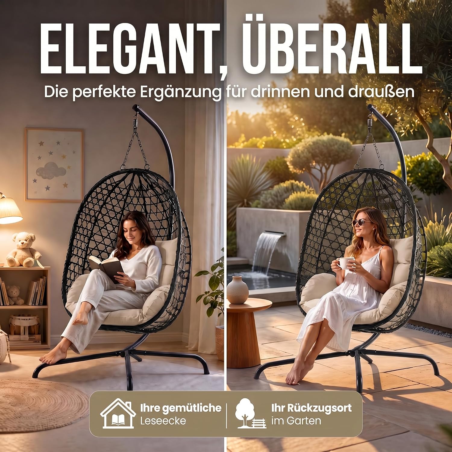 Schwebeliege mit Gestell - Freischwingender Hängesessel aus Rattan