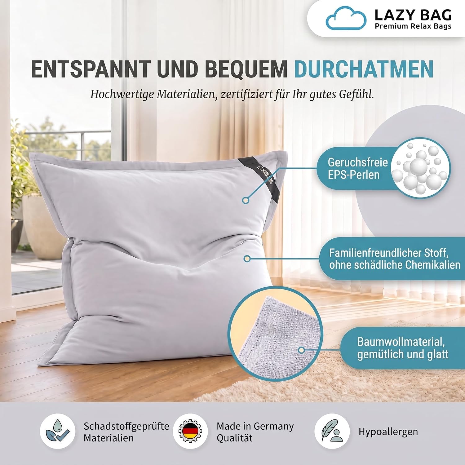 LazyBag XXL Sitzsack 180x140 cm aus Baumwolle – 400L Komfort