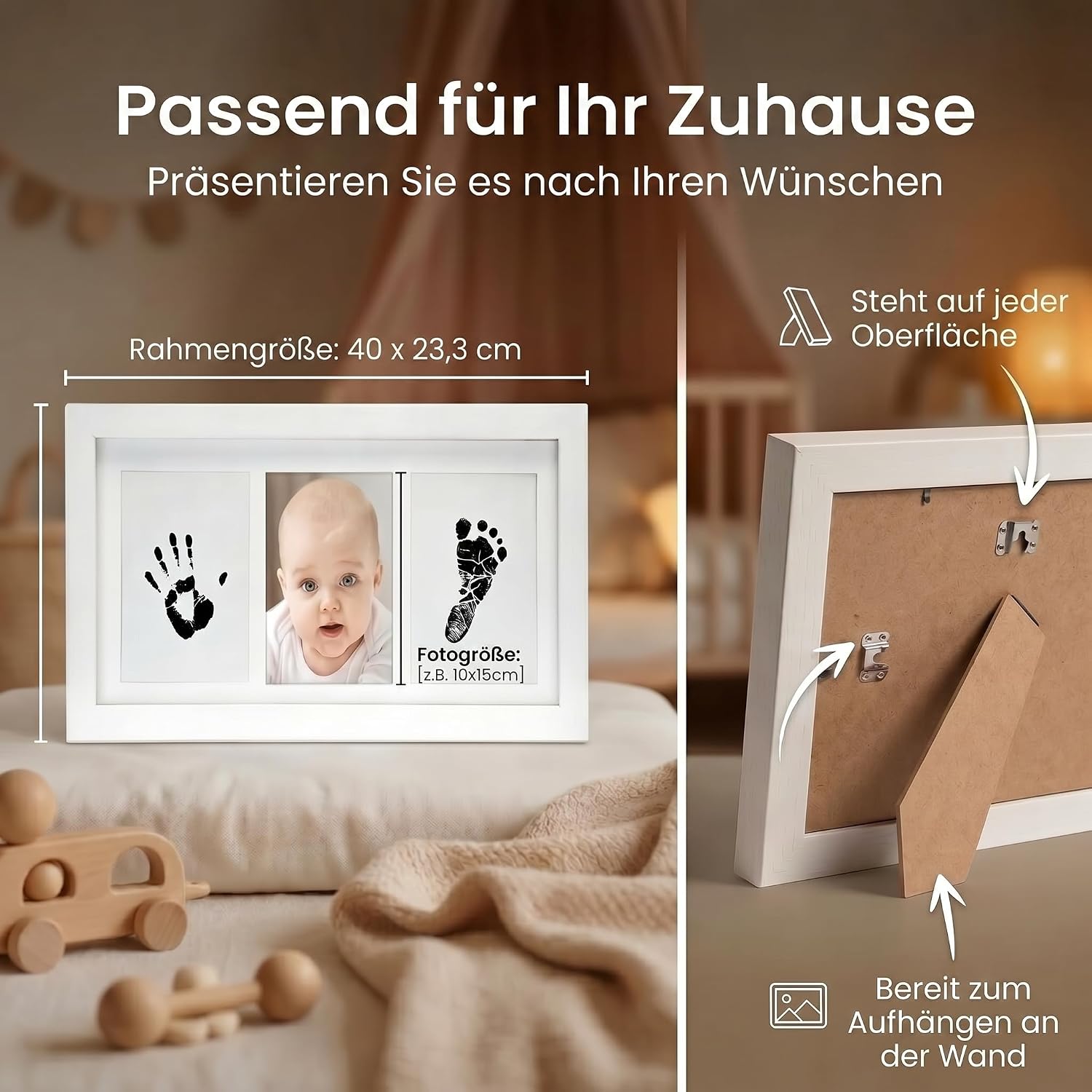Baby Abdruckset mit Bilderrahmen - Holz-Rahmen für Hand & Fuß