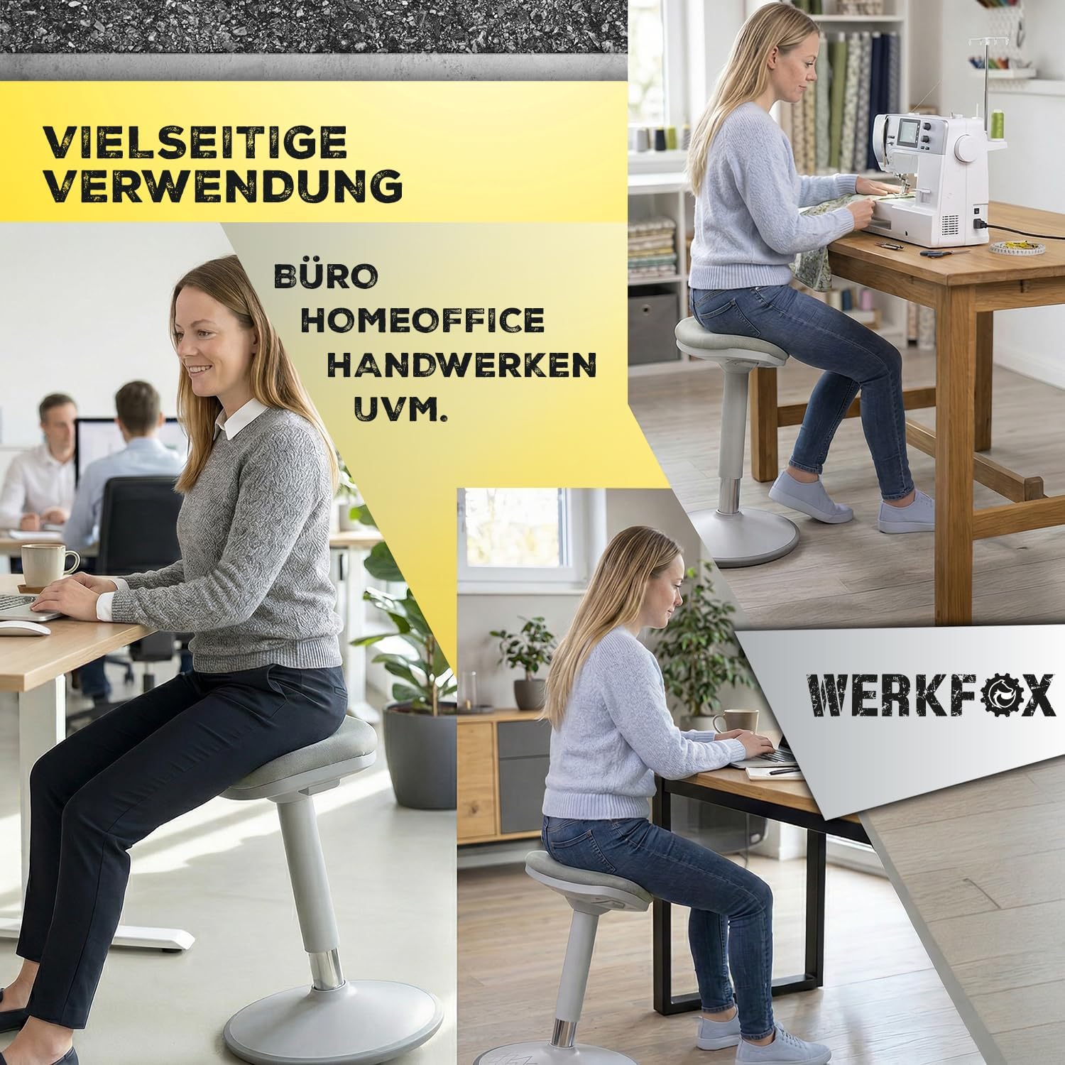 Vielseitiger, höhenverstellbarer Aktivhocker für Büro, Homeoffice und Handwerk.